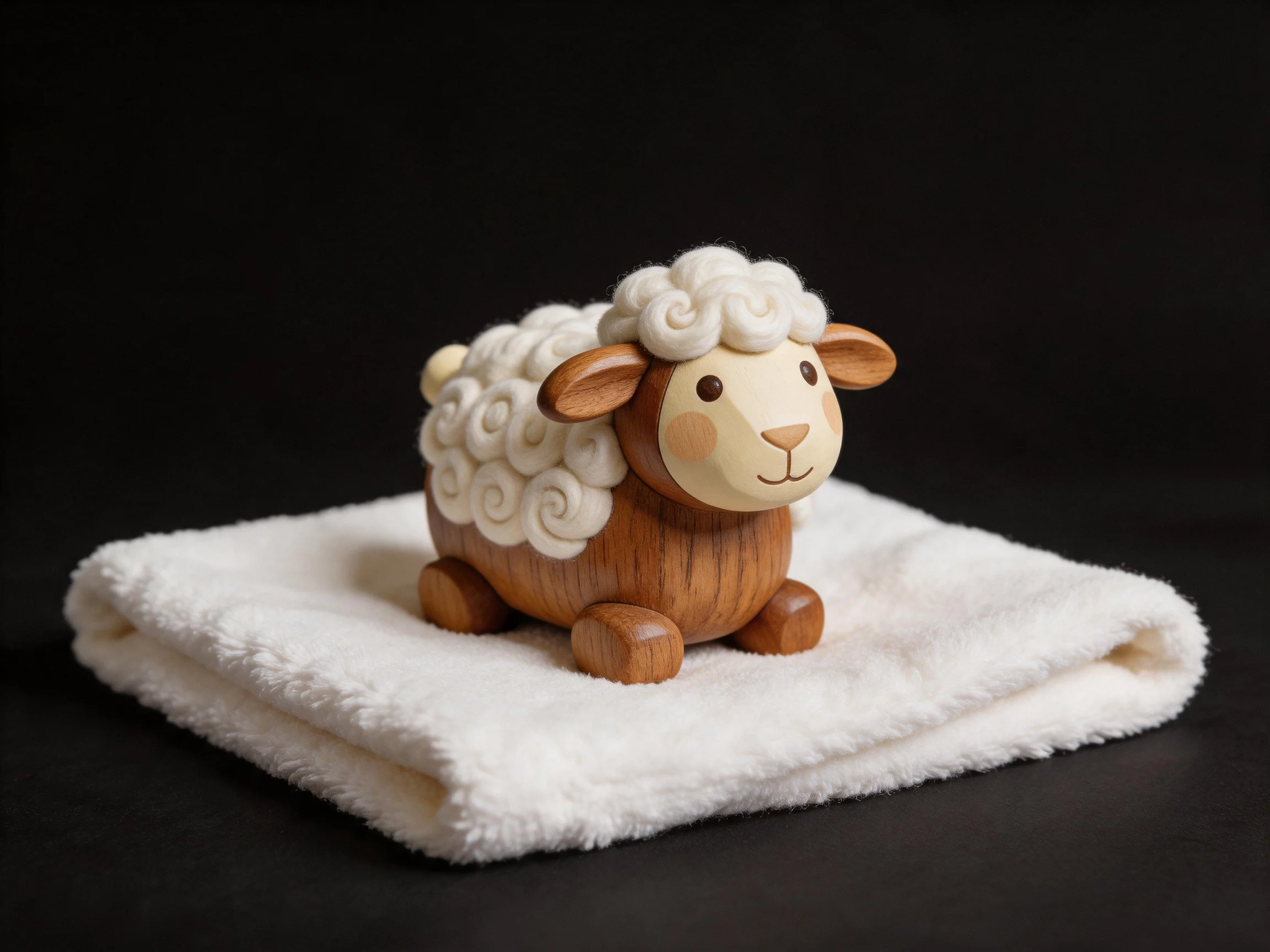 A wooden sheep figurine with woolly texture sits on a white towel