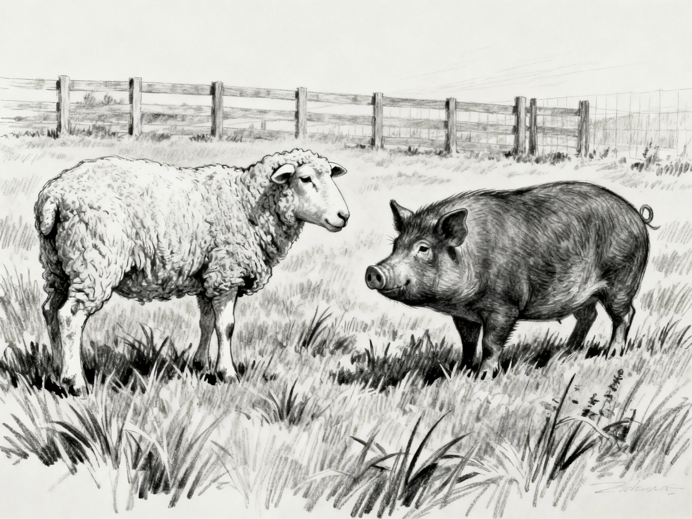 A woolly sheep and sleek pig face each other in a fenced pasture