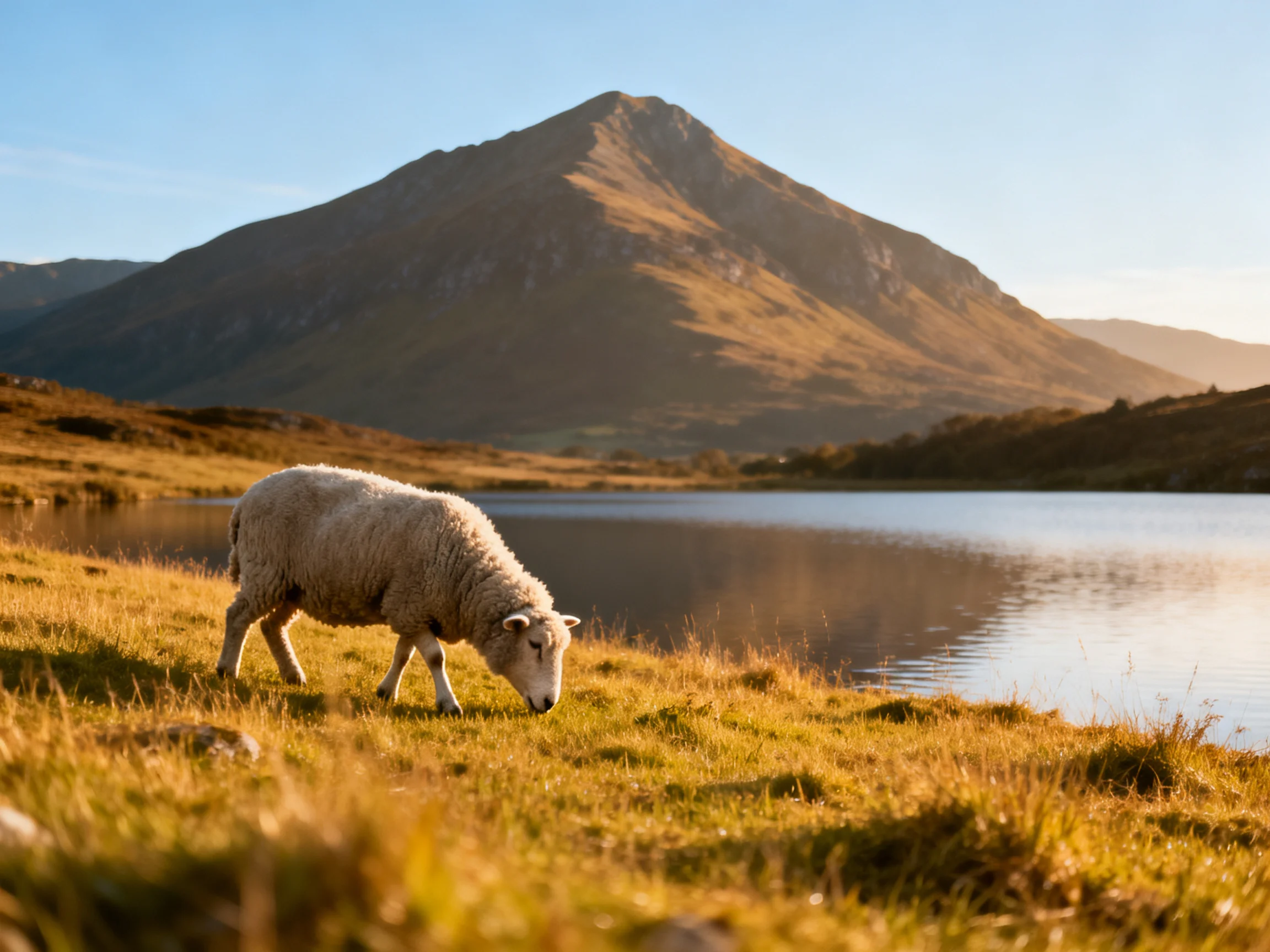 A woolly sheep grazes by a serene lake beneath a large mountain