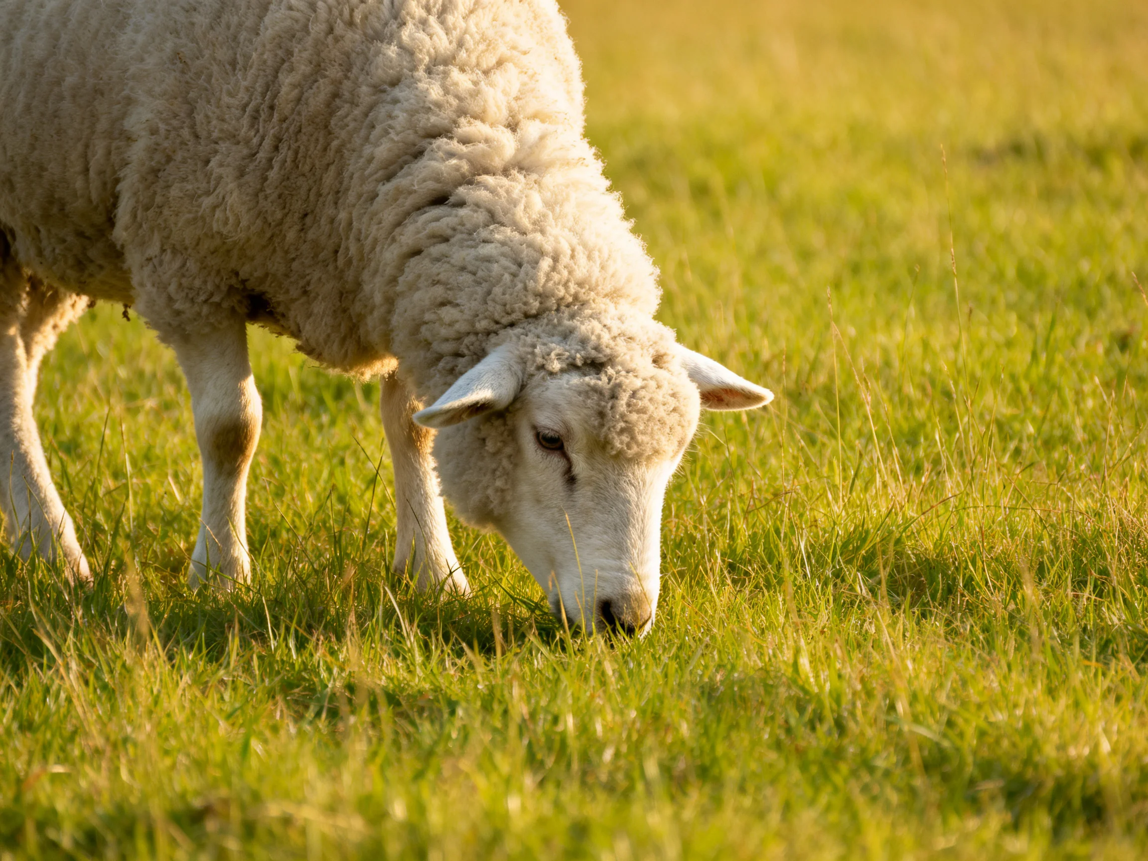A woolly sheep grazes in a sunlit green meadow