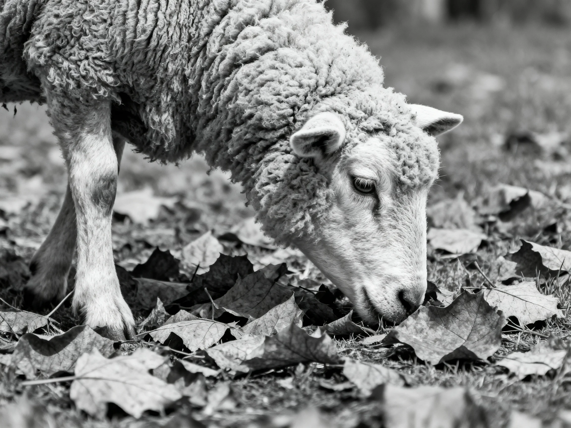 A woolly sheep grazing amid scattered dry leaves