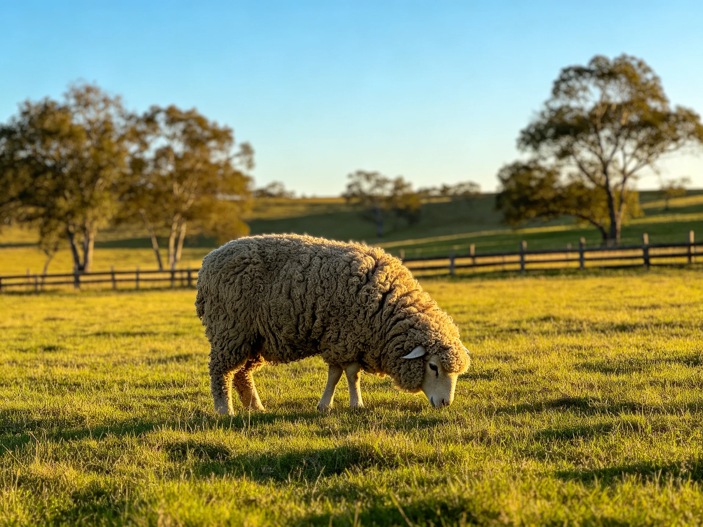 A woolly sheep grazing in a sunlit green pasture with wooden fences