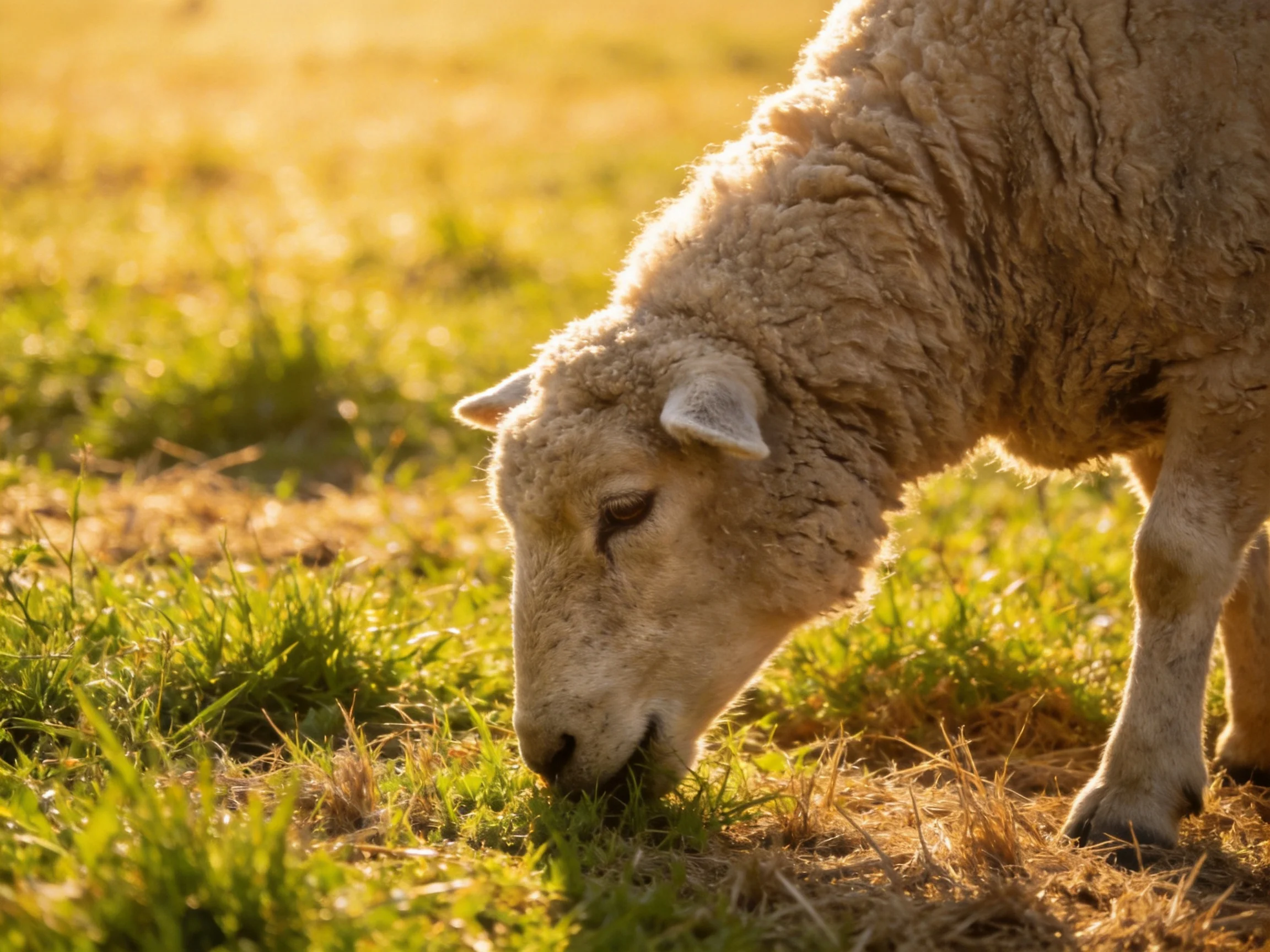 A woolly sheep grazing in golden sunlight on mixed grass