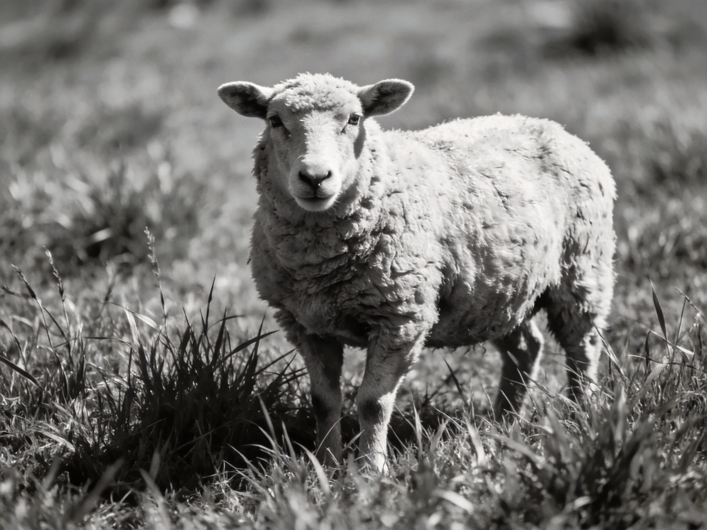 A woolly sheep in a grassy field, captured in black and white