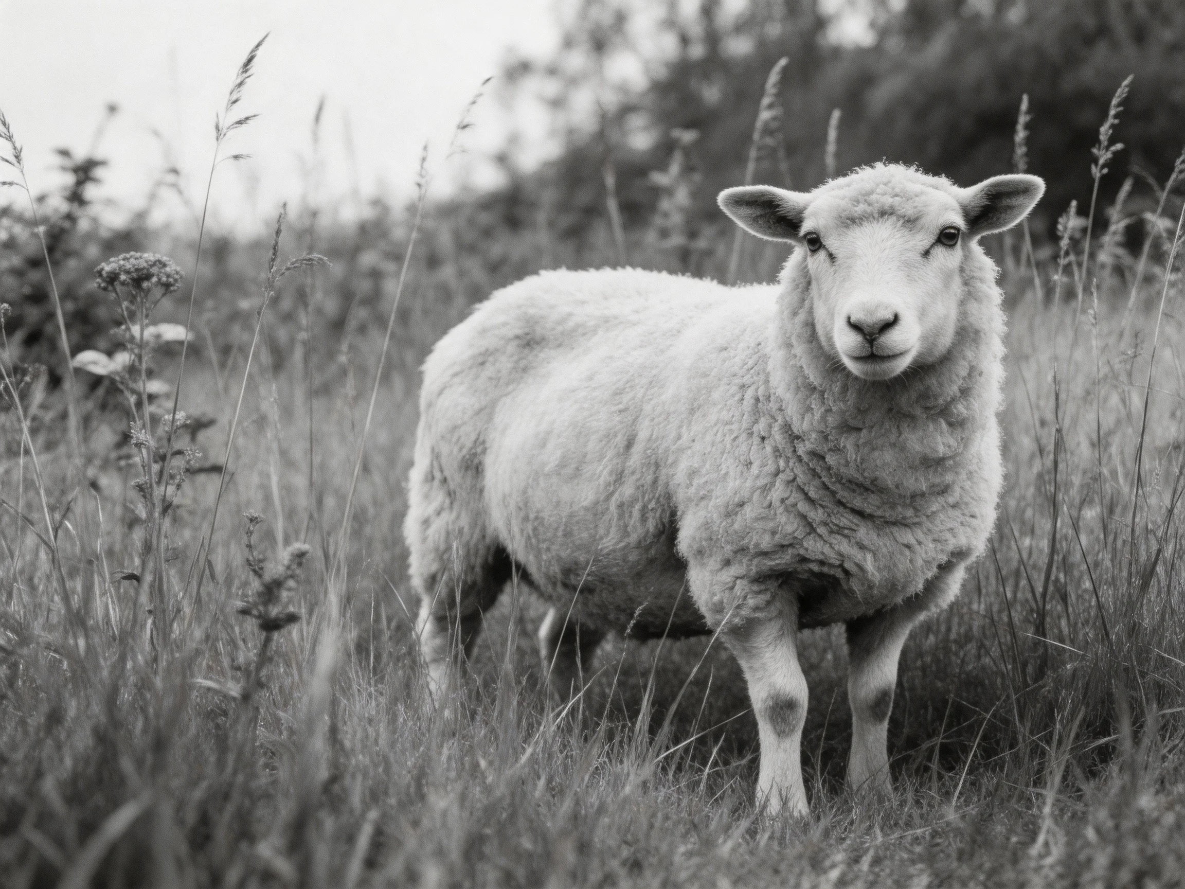 A woolly sheep in a grassy meadow with tall vegetation