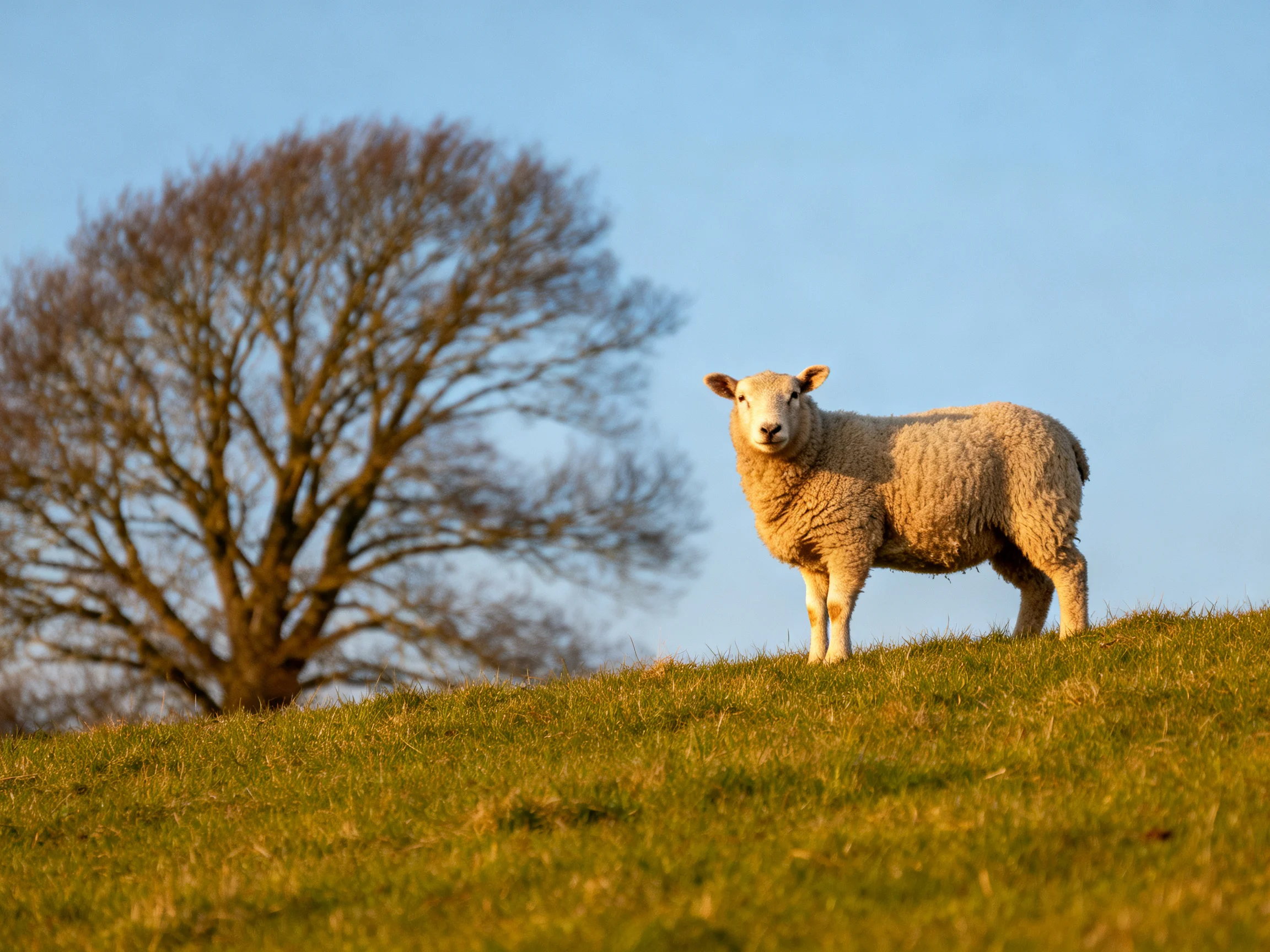 A woolly sheep on a sunlit grassy hill near a bare tree