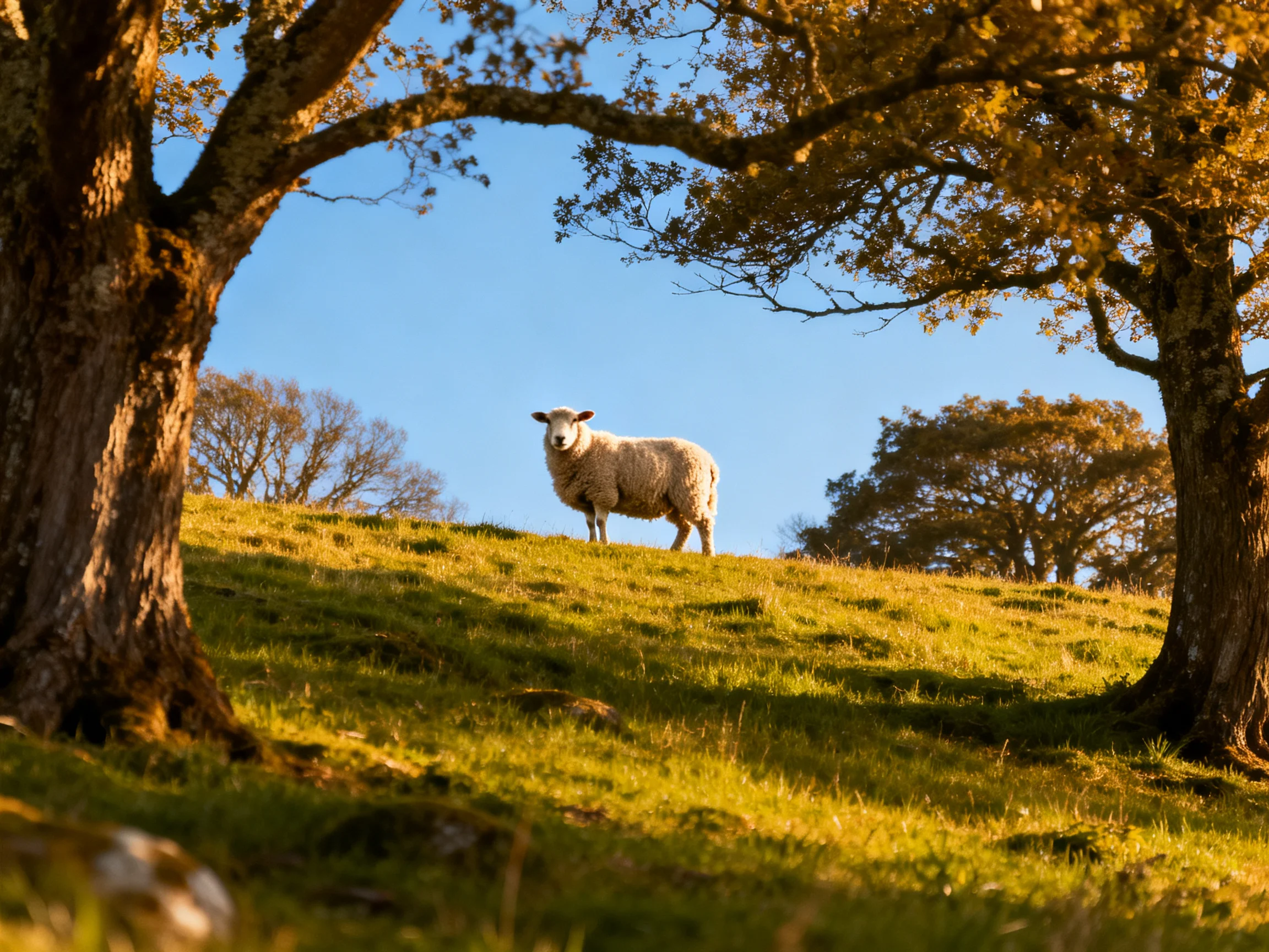 A woolly sheep on a sunlit green hillside beside tall trees