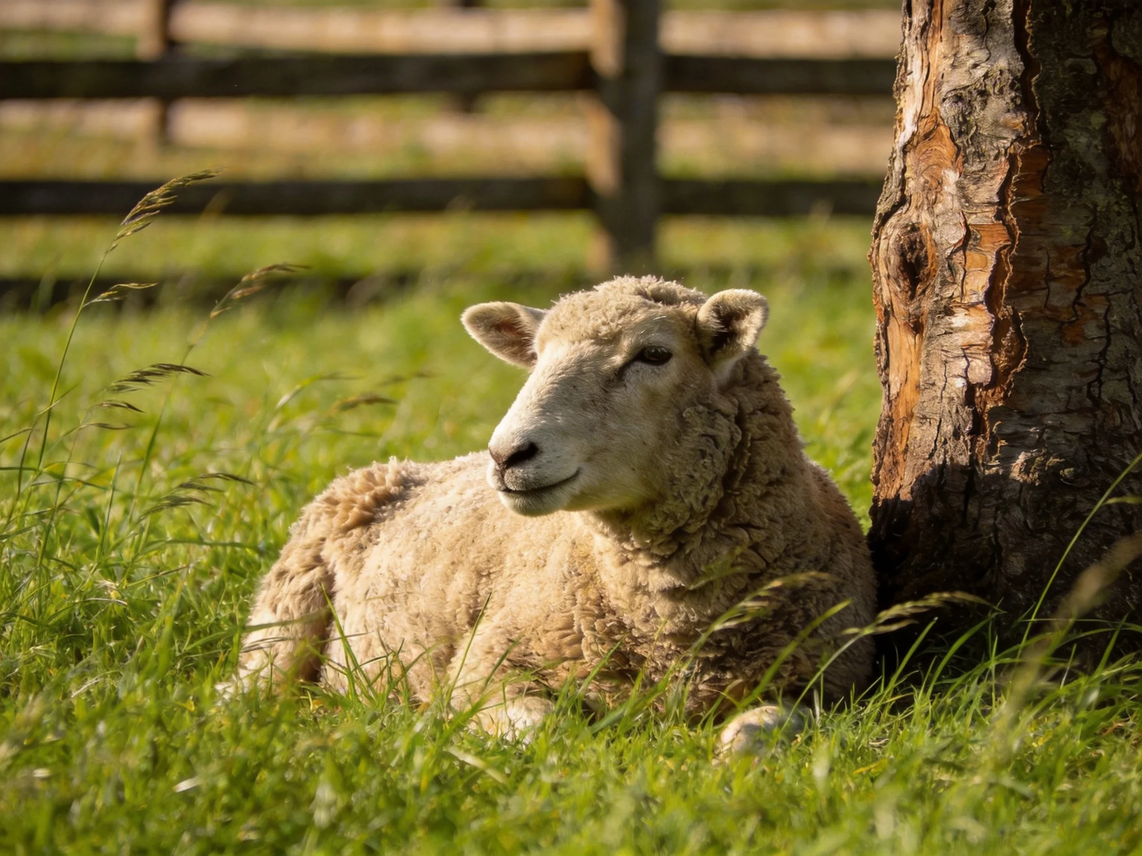 A woolly sheep rests beside a tree in a sunlit grassy field