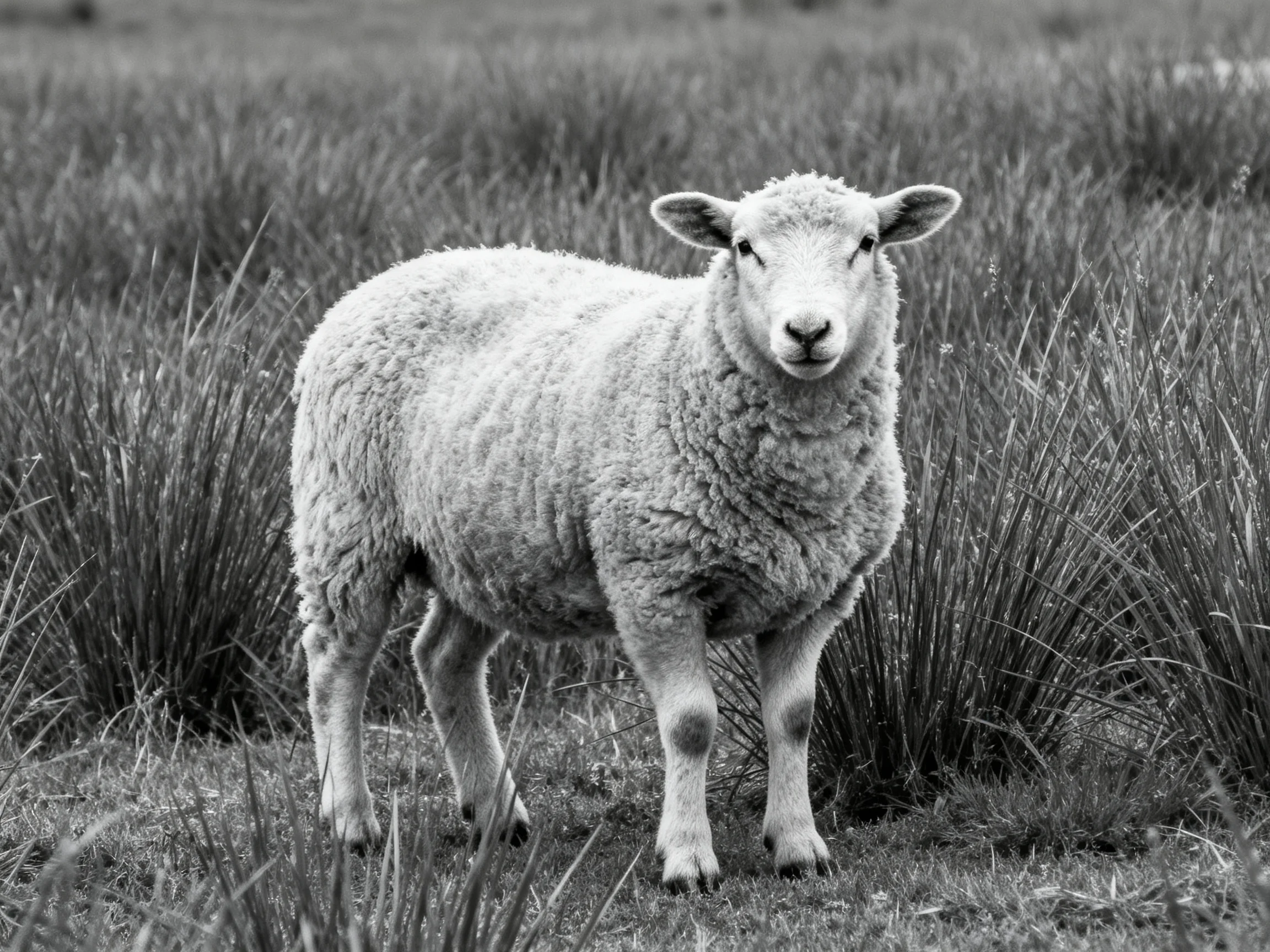 A woolly sheep stands amid tall grasses in a monochrome field