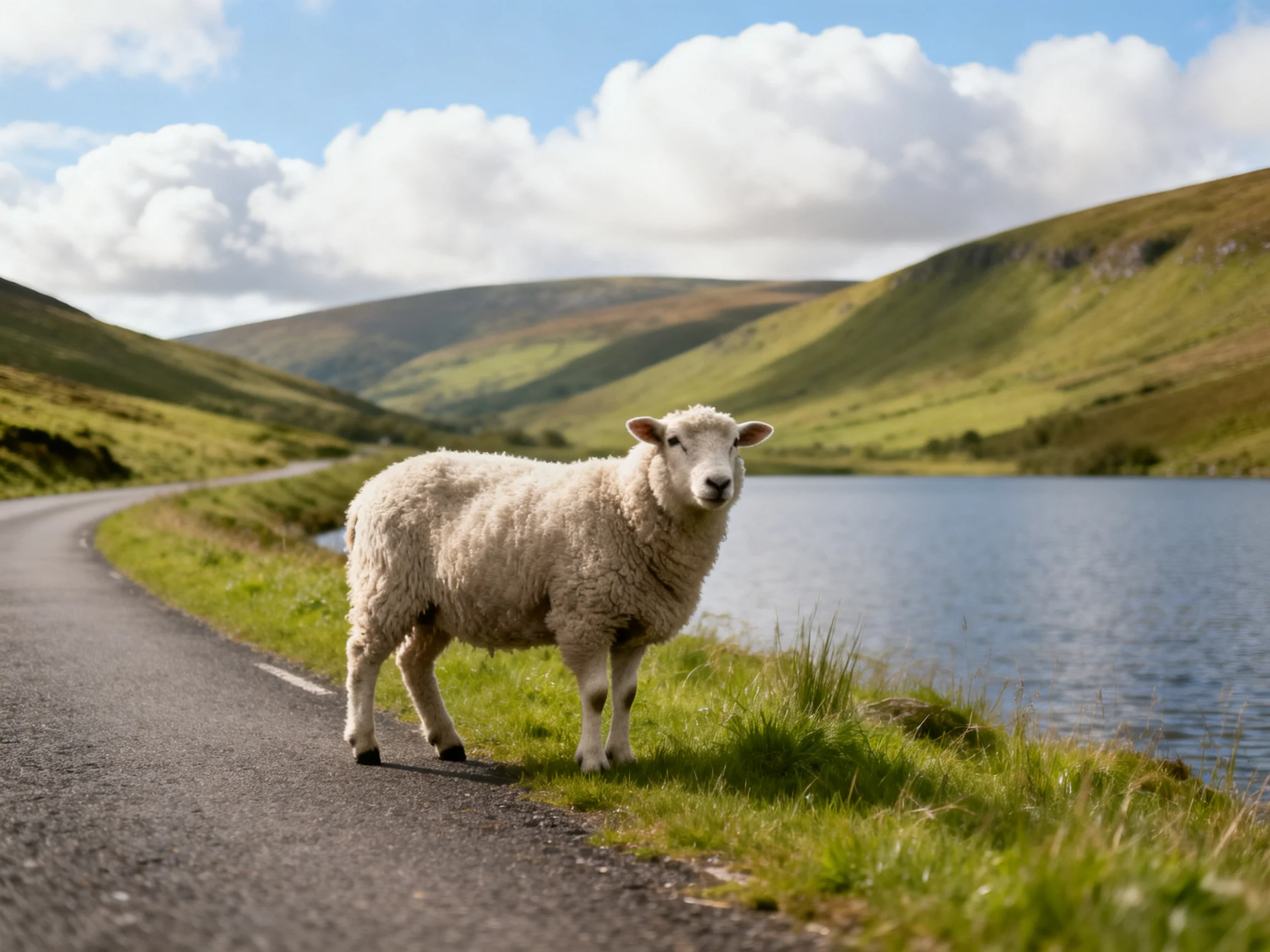 A woolly sheep stands by a winding road near a tranquil lake in rolling green hills