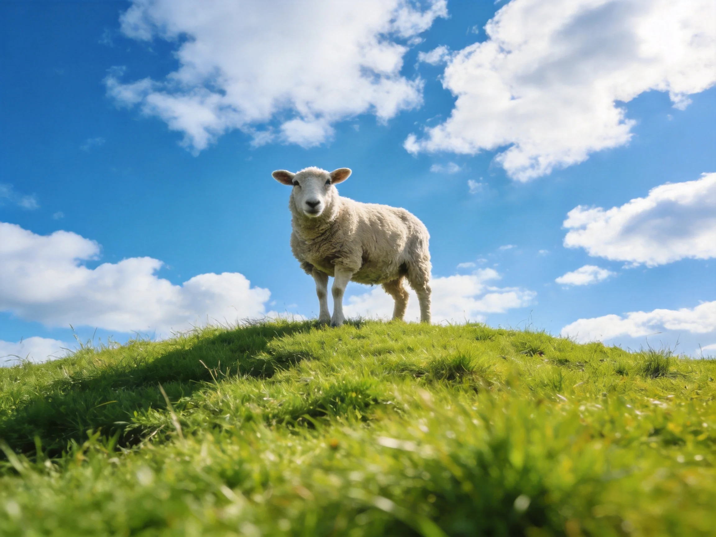 A woolly sheep stands on a lush green hill under a bright blue sky