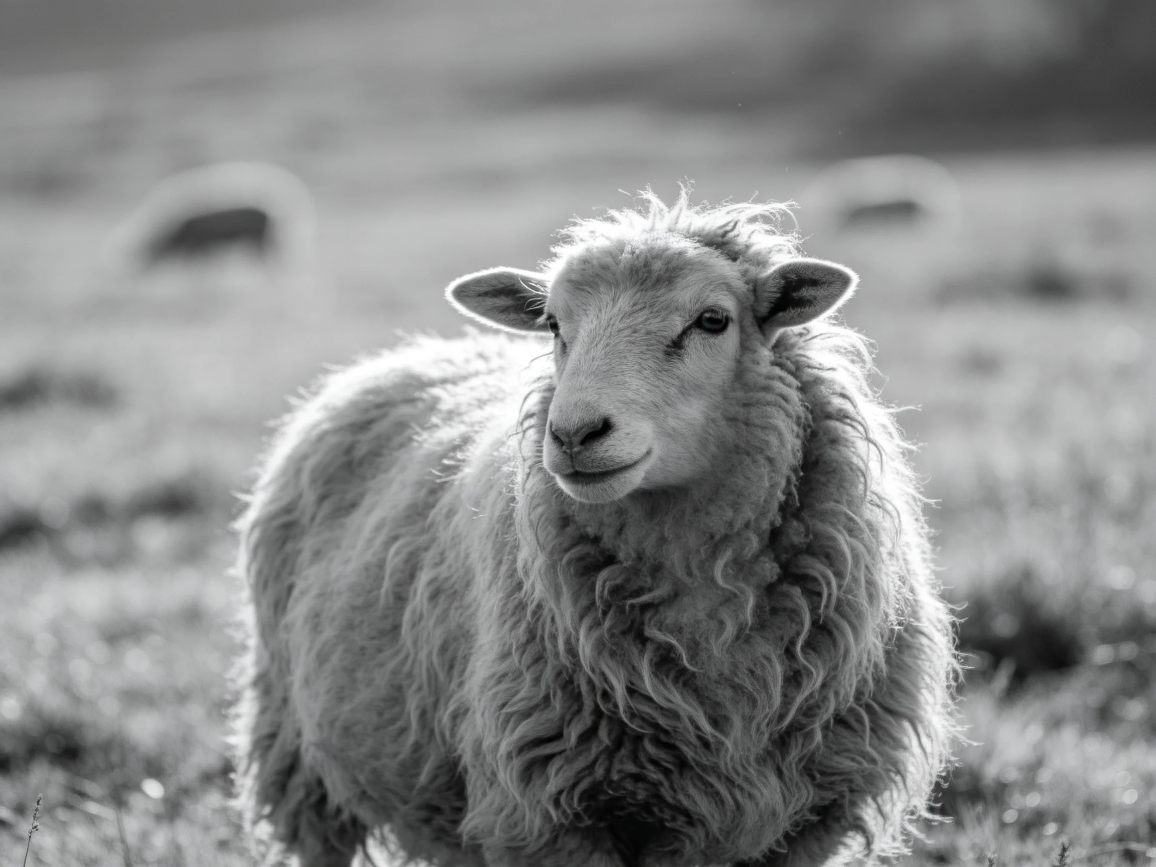 A woolly sheep stands prominently in a blurred pastoral landscape