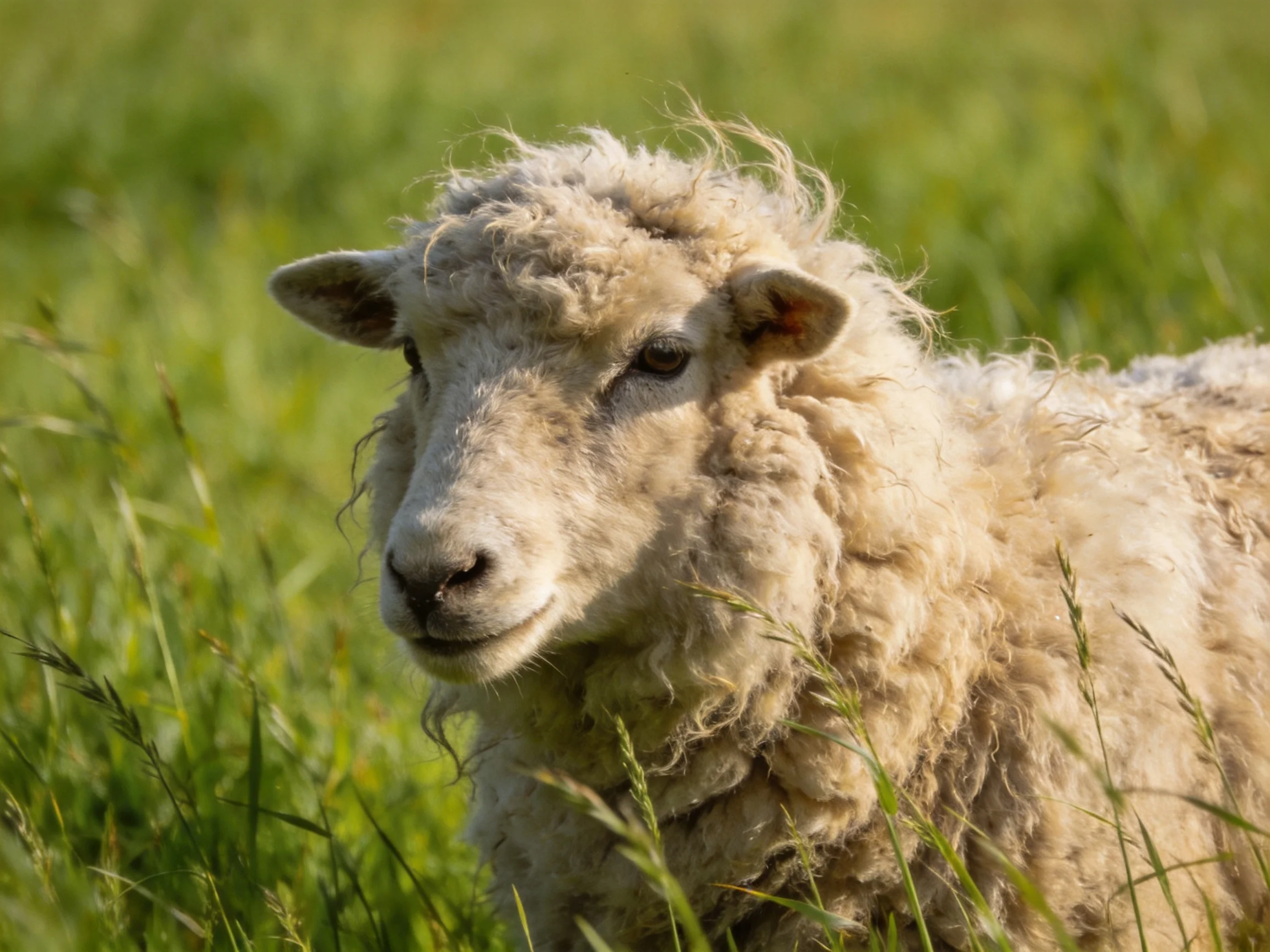 A woolly sheep with creamy white fur in a sunlit green meadow