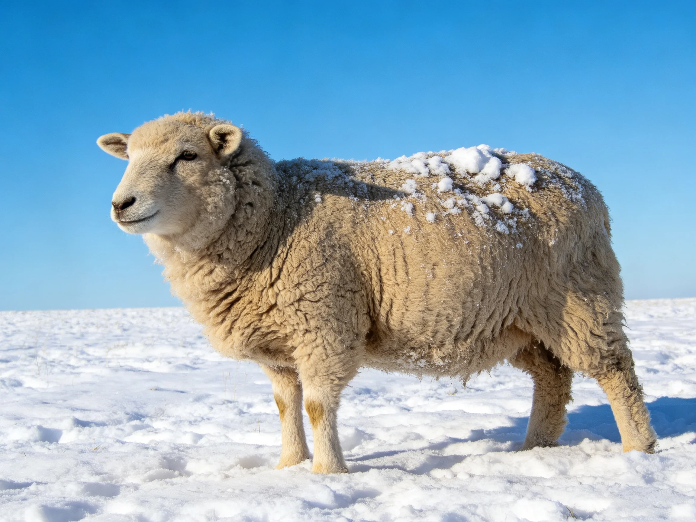 A woolly sheep with snow patches stands in bright snowy terrain
