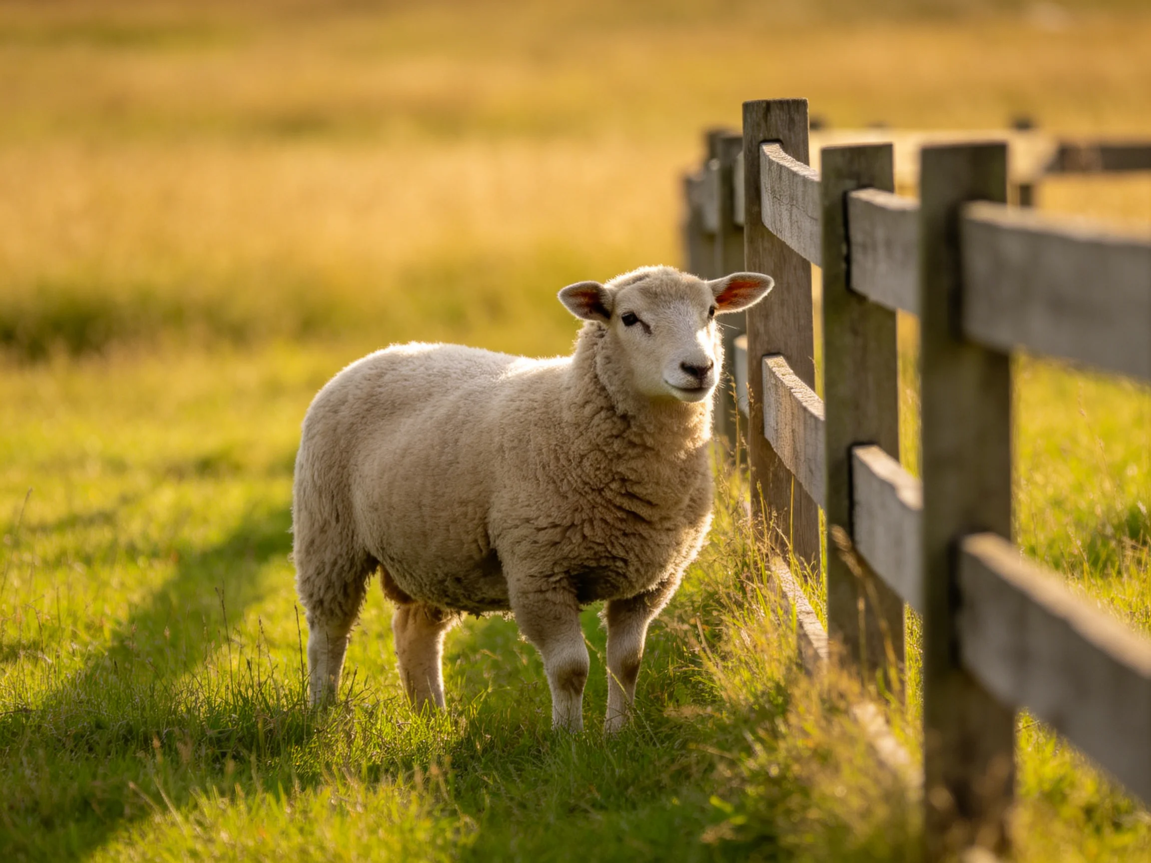 A woolly white lamb near a wooden fence in a golden field