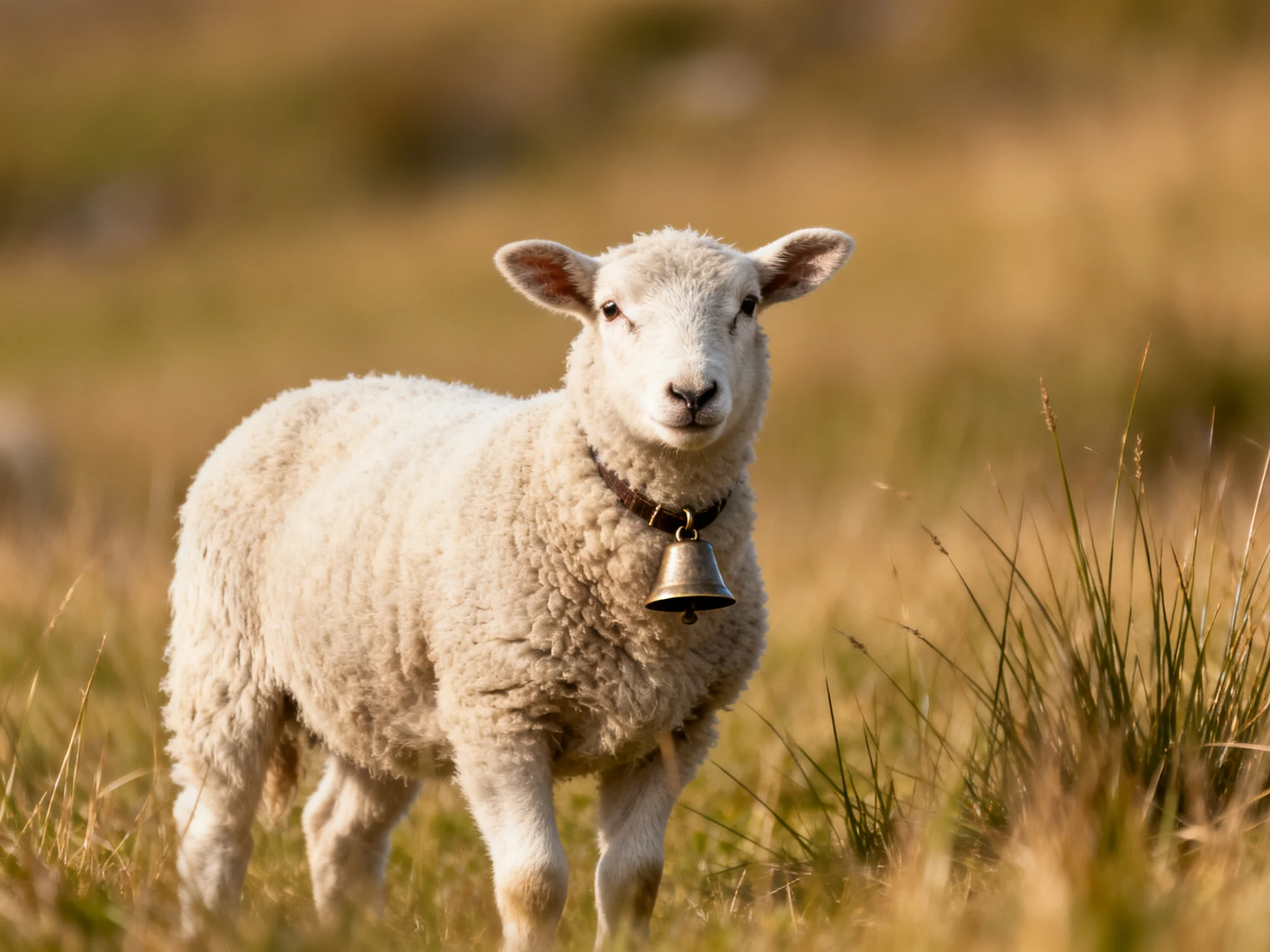 A woolly white lamb with a bell in golden grassland