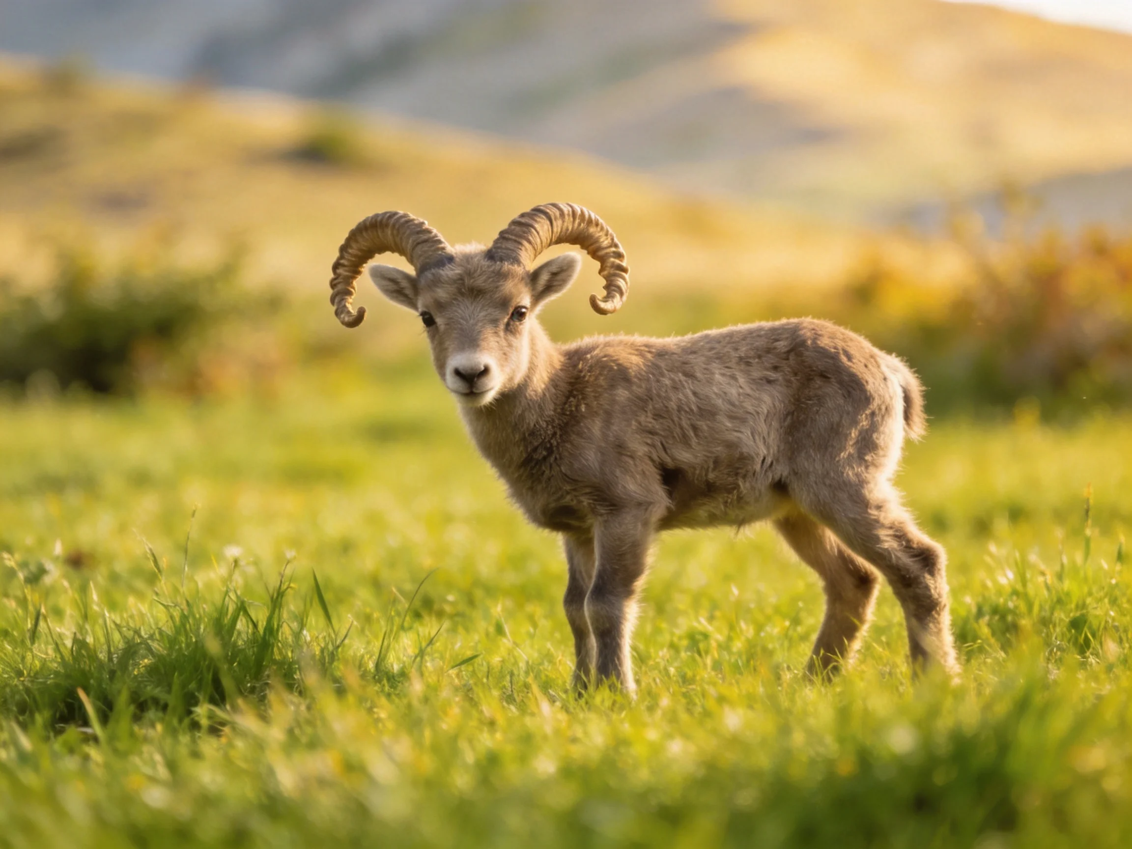 A young bighorn sheep with curved horns in a sunlit meadow