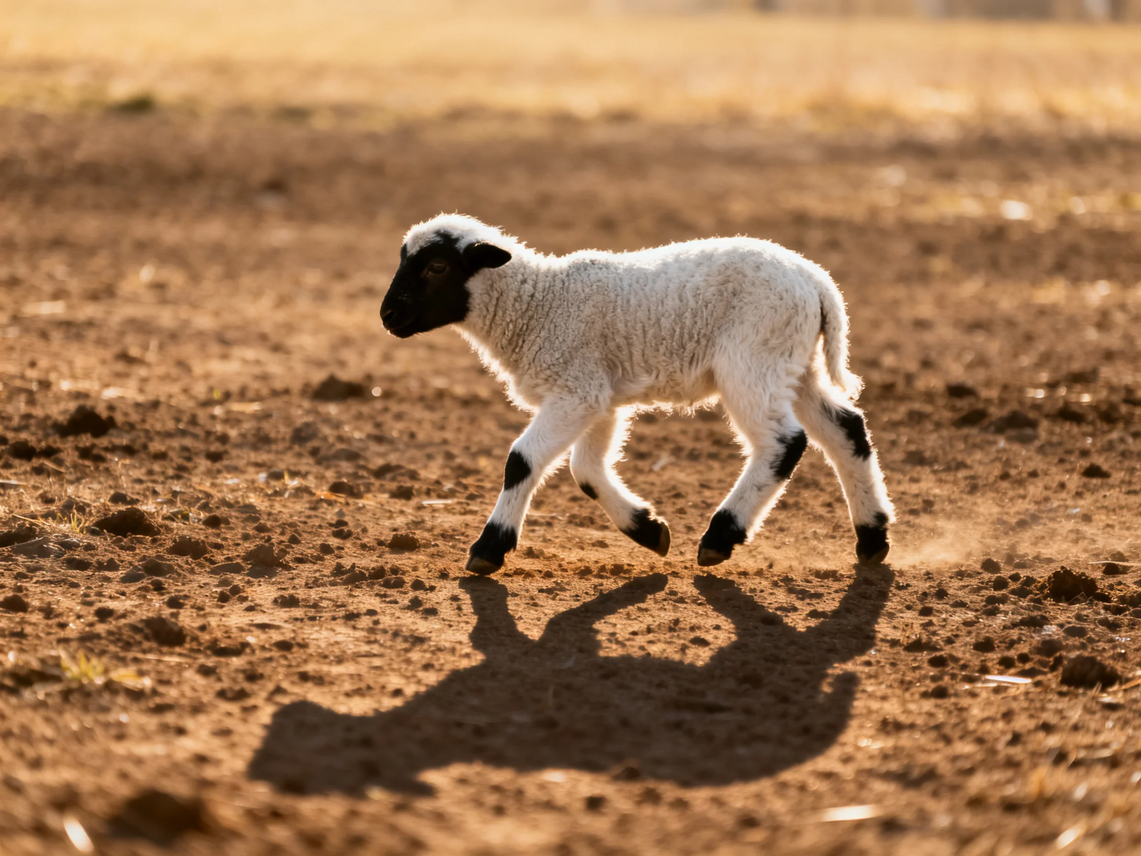 A young black-faced lamb runs across sunlit brown earth