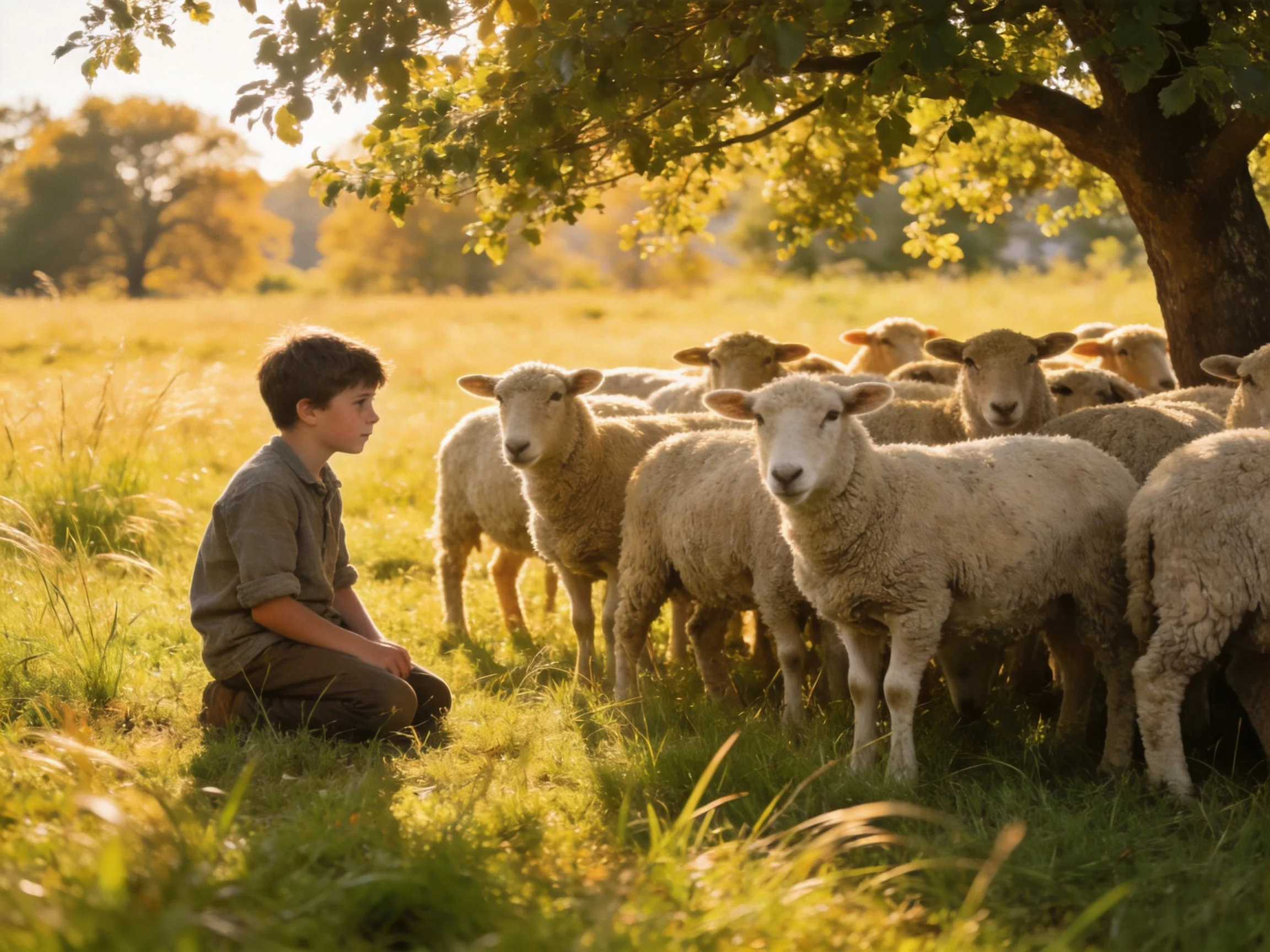 A young boy kneels beside several sheep in a sunlit pastoral field