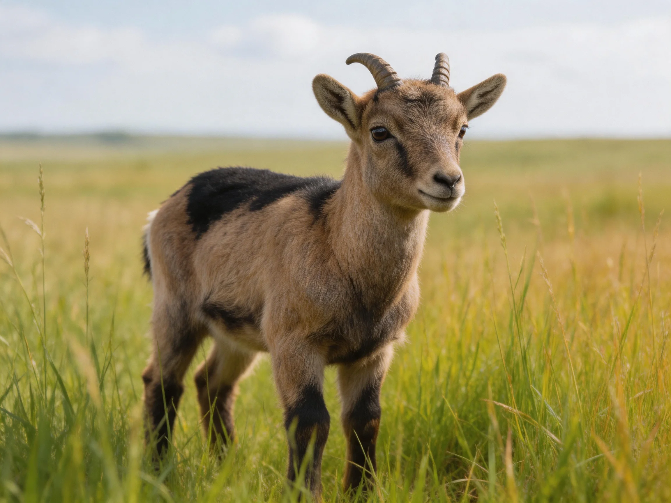 A young brown and black goat stands in tall green grass