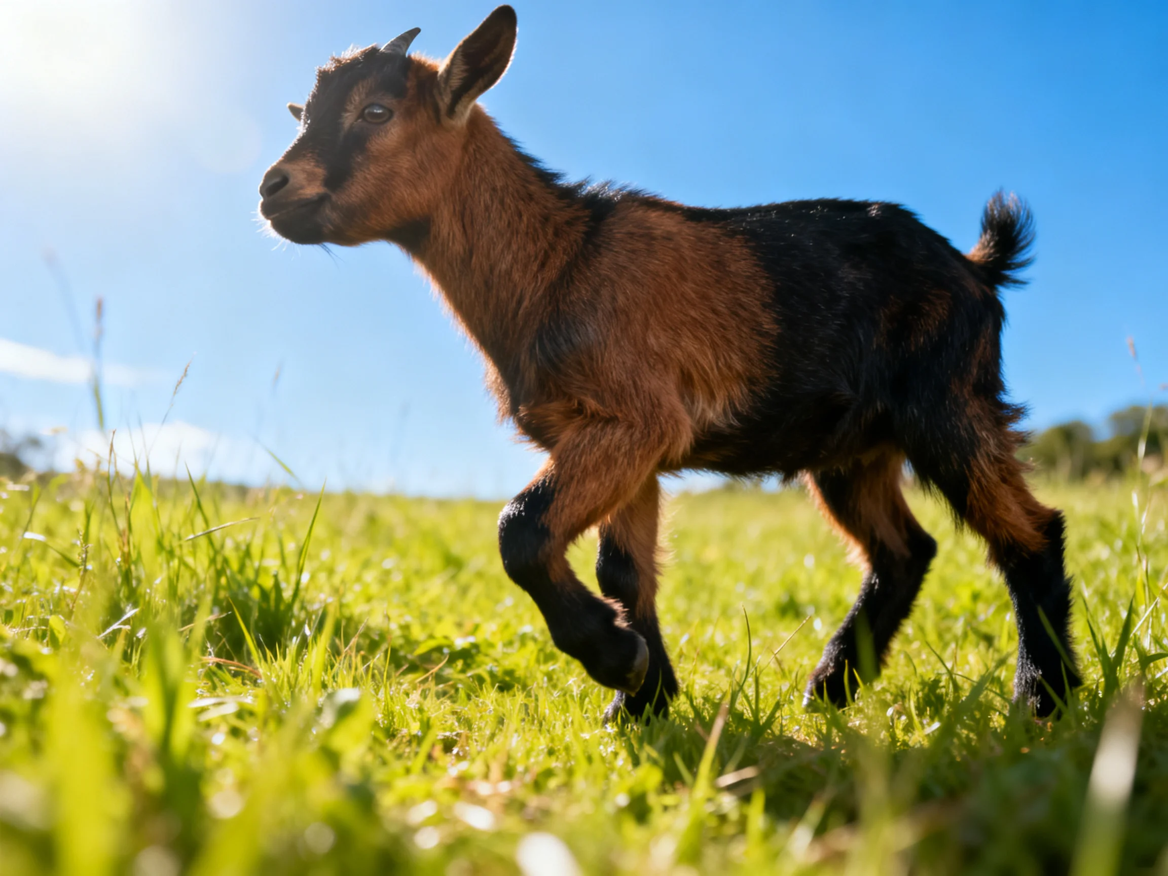 A young brown and black goat walks through lush green grass under a bright blue sky.