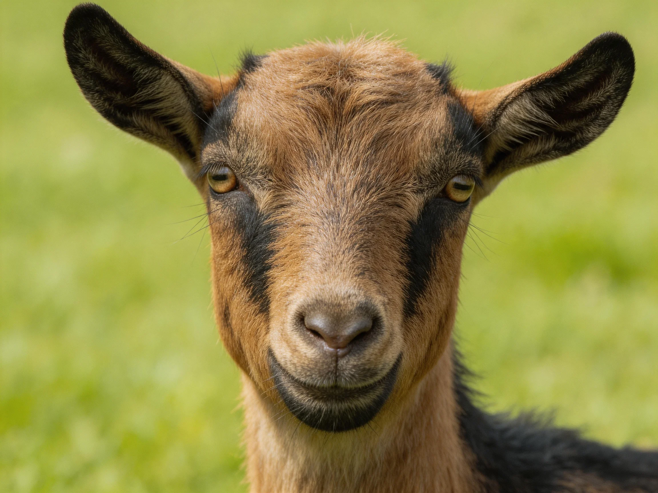 A young brown and black goat with large ears in a green field