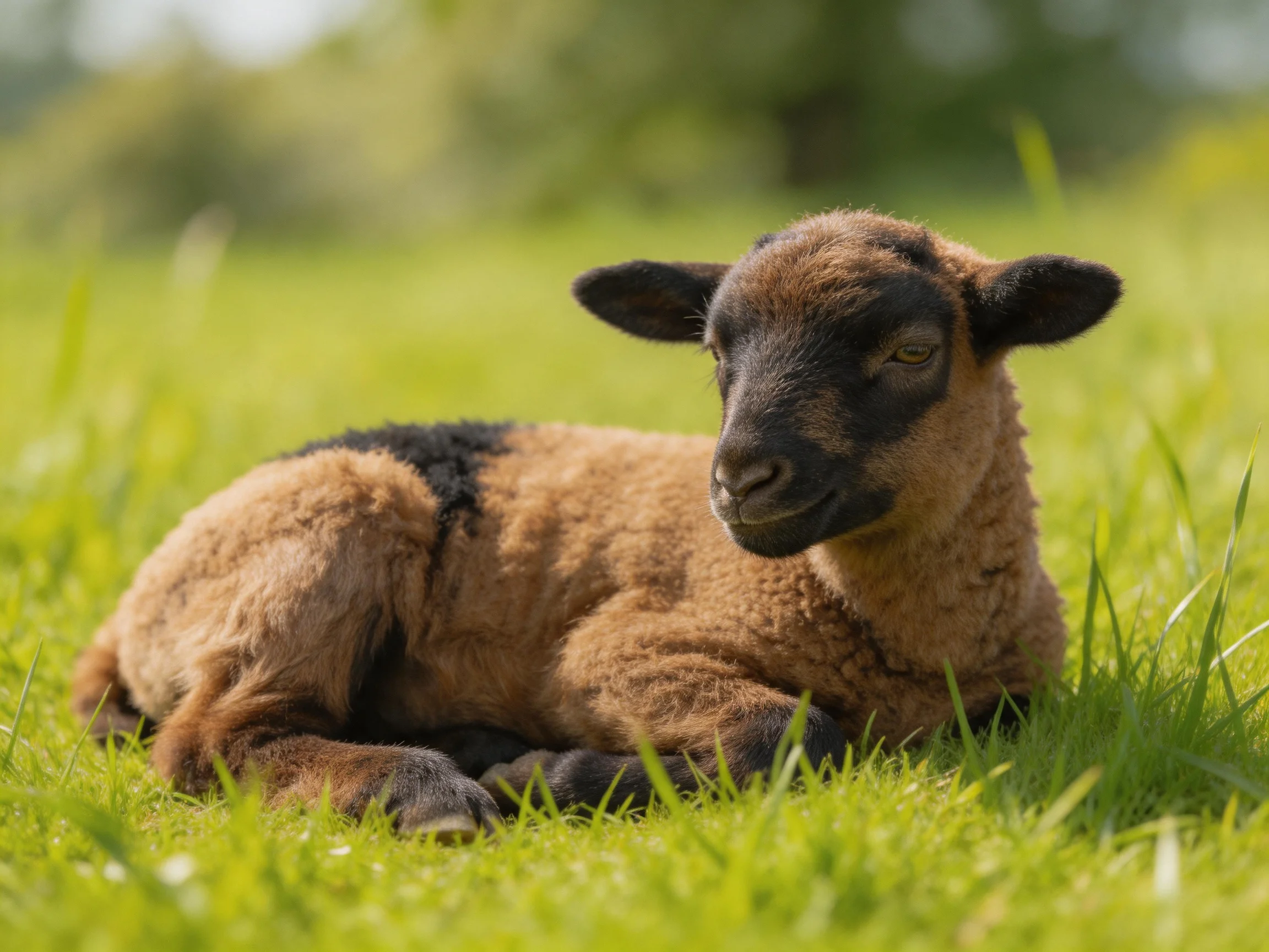 A young brown and black lamb resting in lush green grass