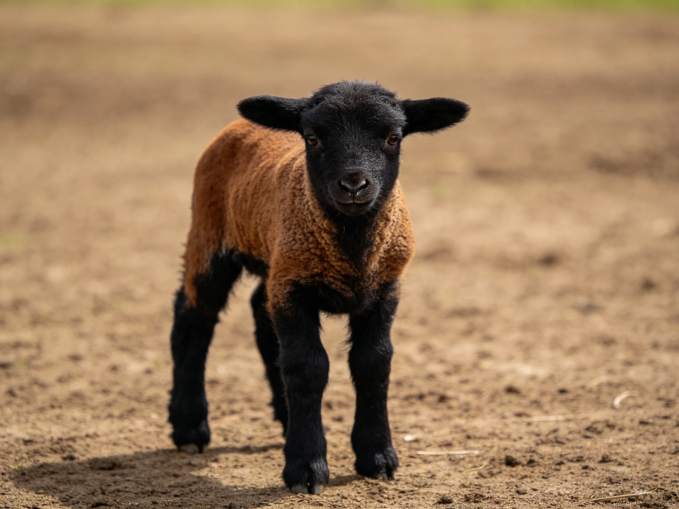 A young brown and black lamb stands on dry earth