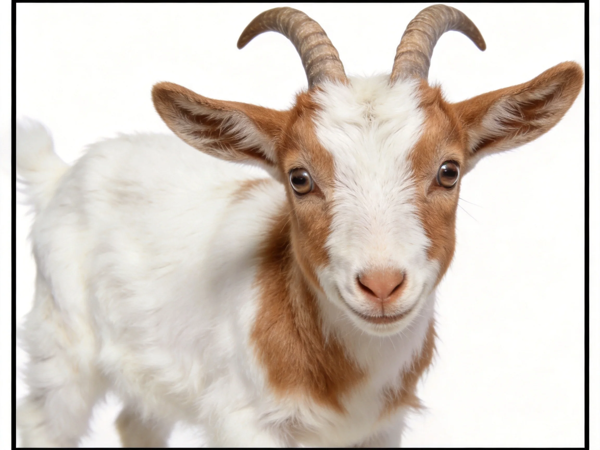 A young brown and white goat with curved horns