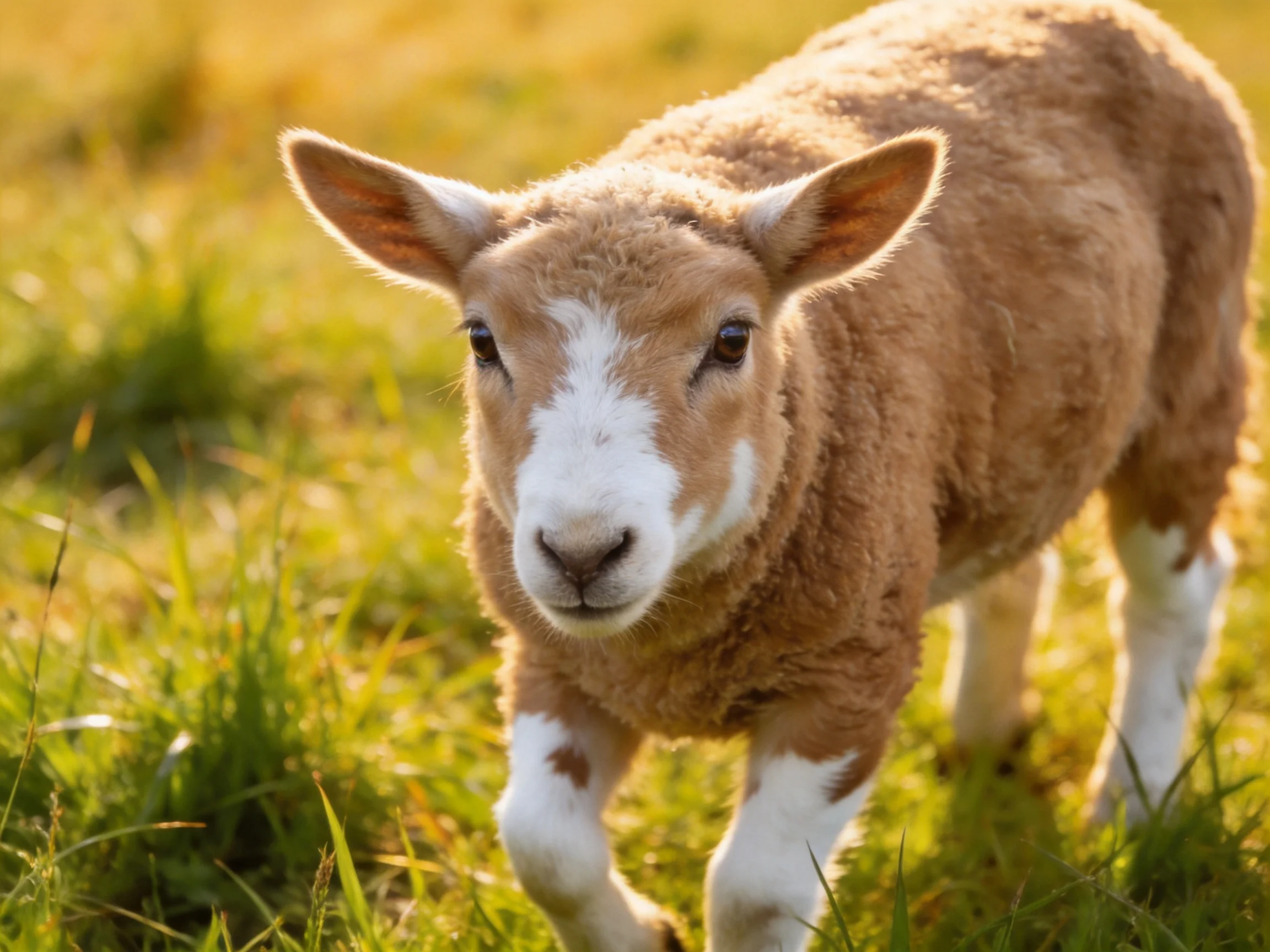 A young brown and white lamb in a sunlit meadow
