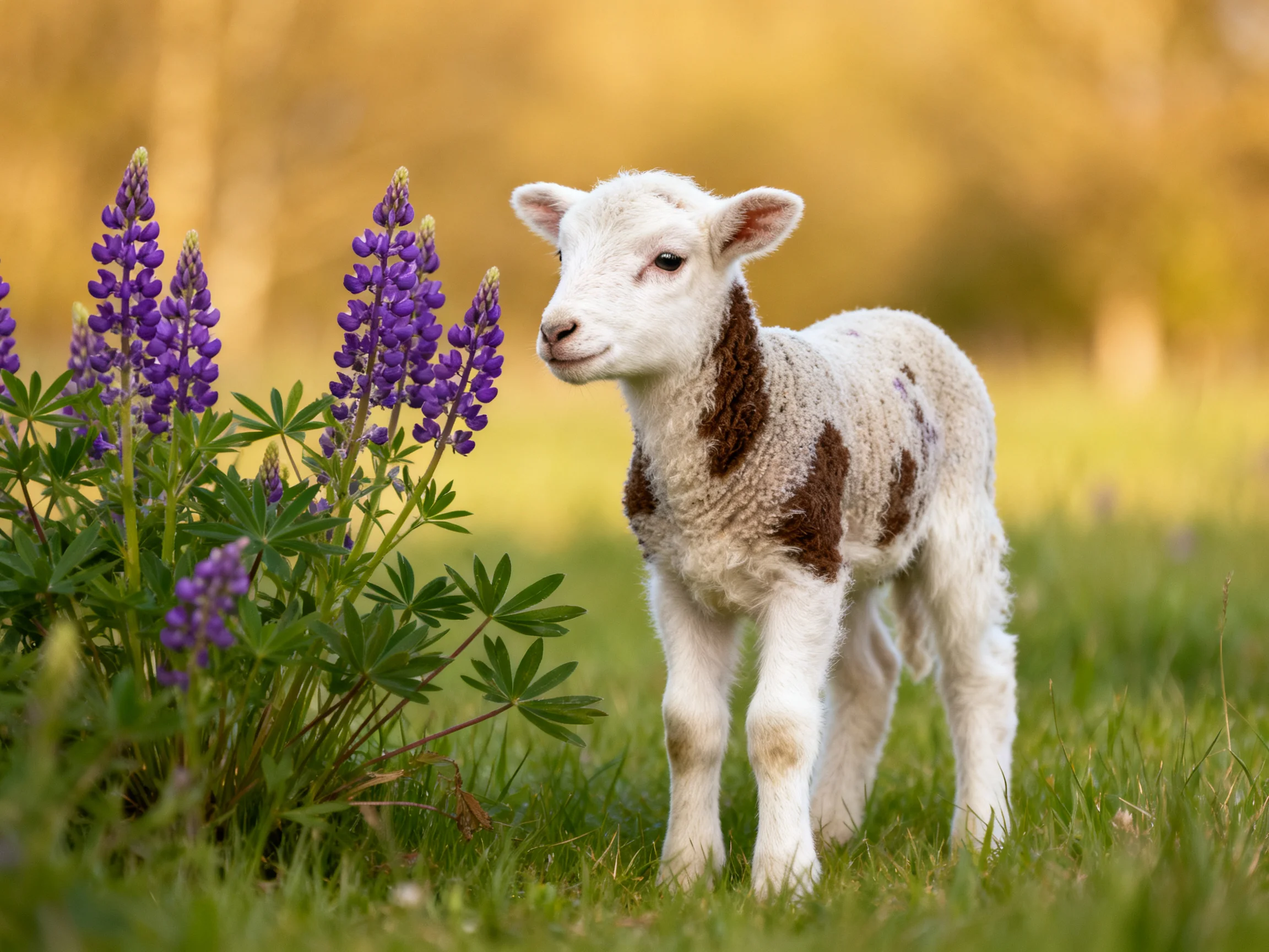 A young brown-and-white lamb near purple lupine flowers