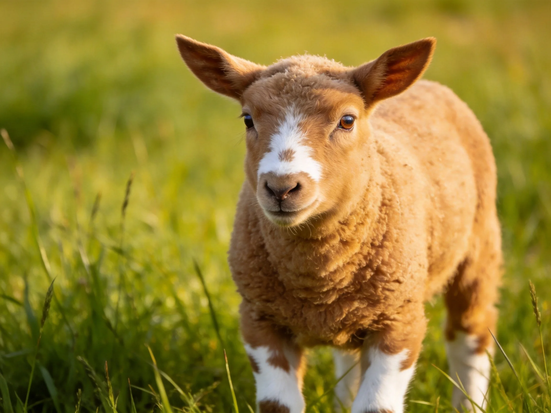 A young brown and white lamb stands in a sunlit green meadow