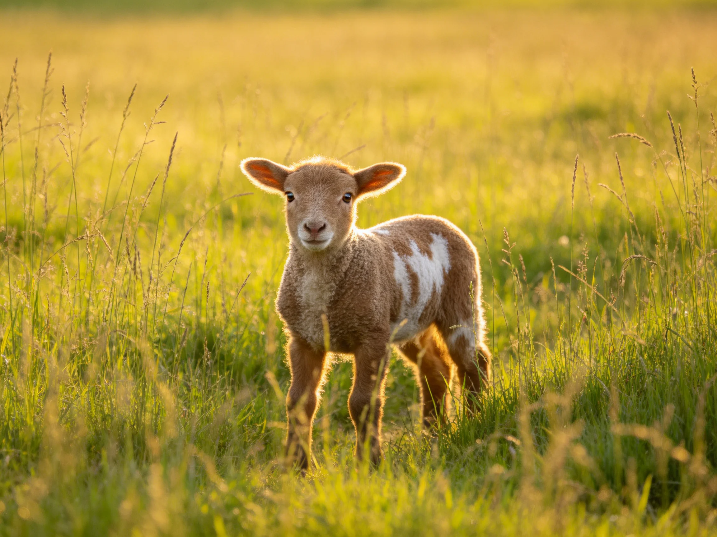 A young brown-and-white lamb stands in a sunlit green meadow