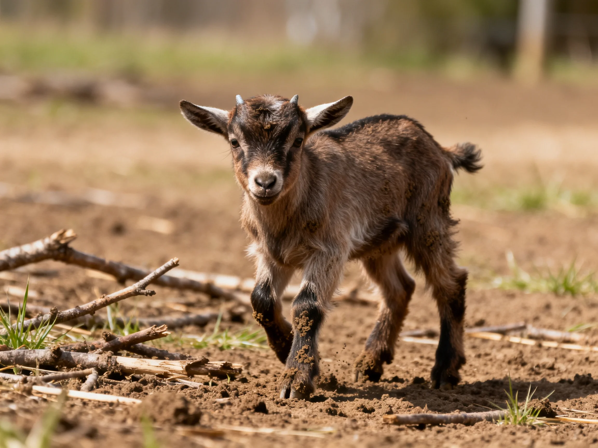 A young brown goat exploring muddy farm terrain