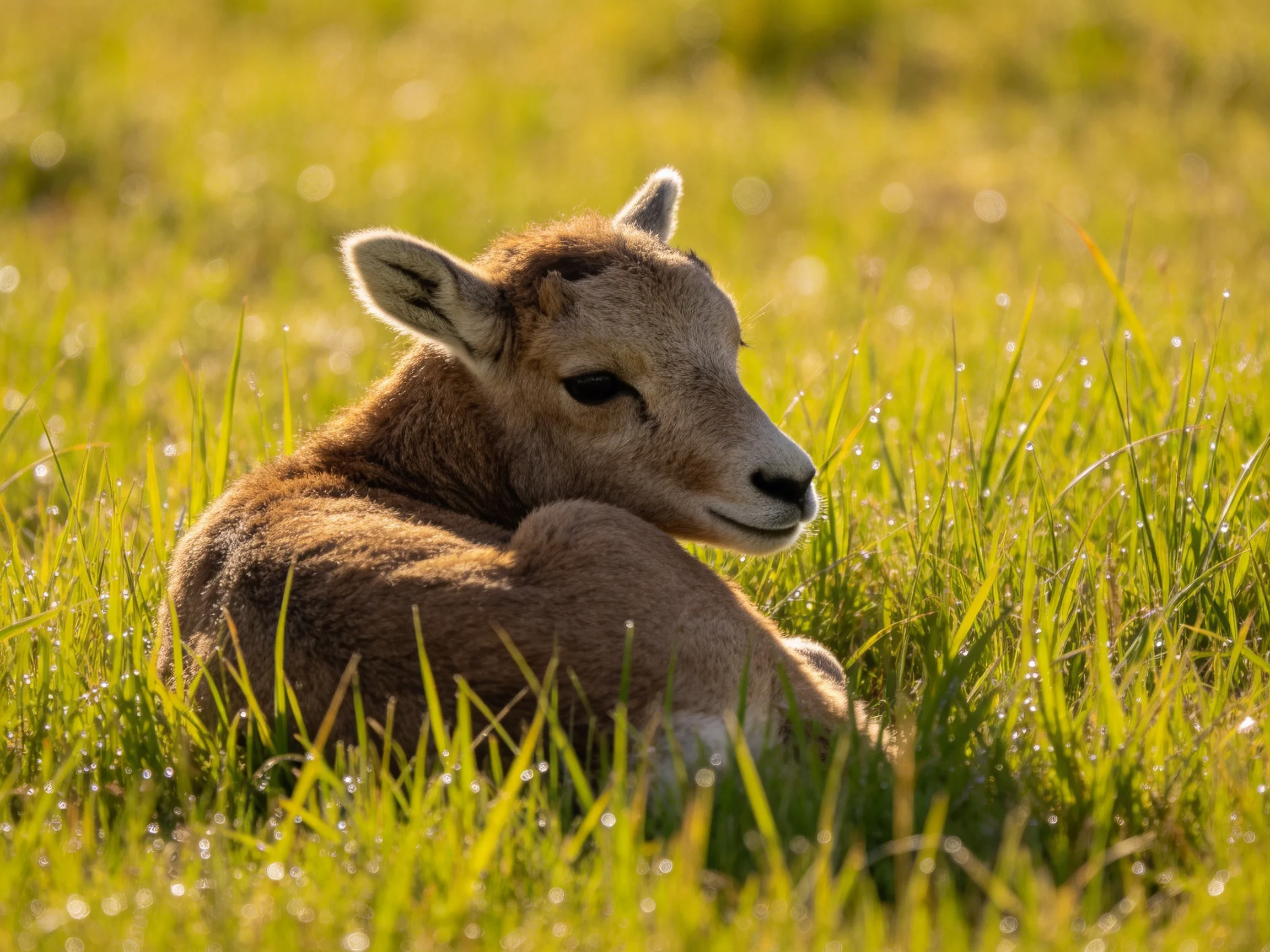 A young brown goat resting in lush green grass under golden sunlight