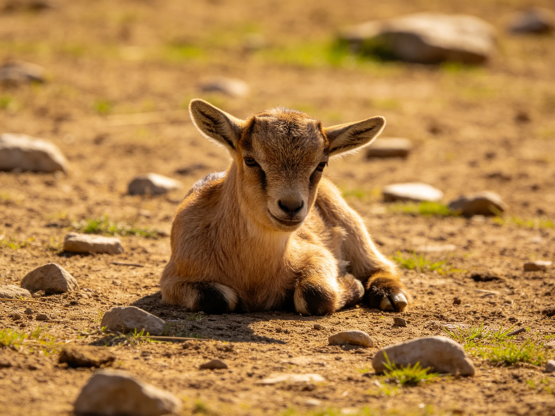 A young brown goat rests on rocky, sunlit dirt ground
