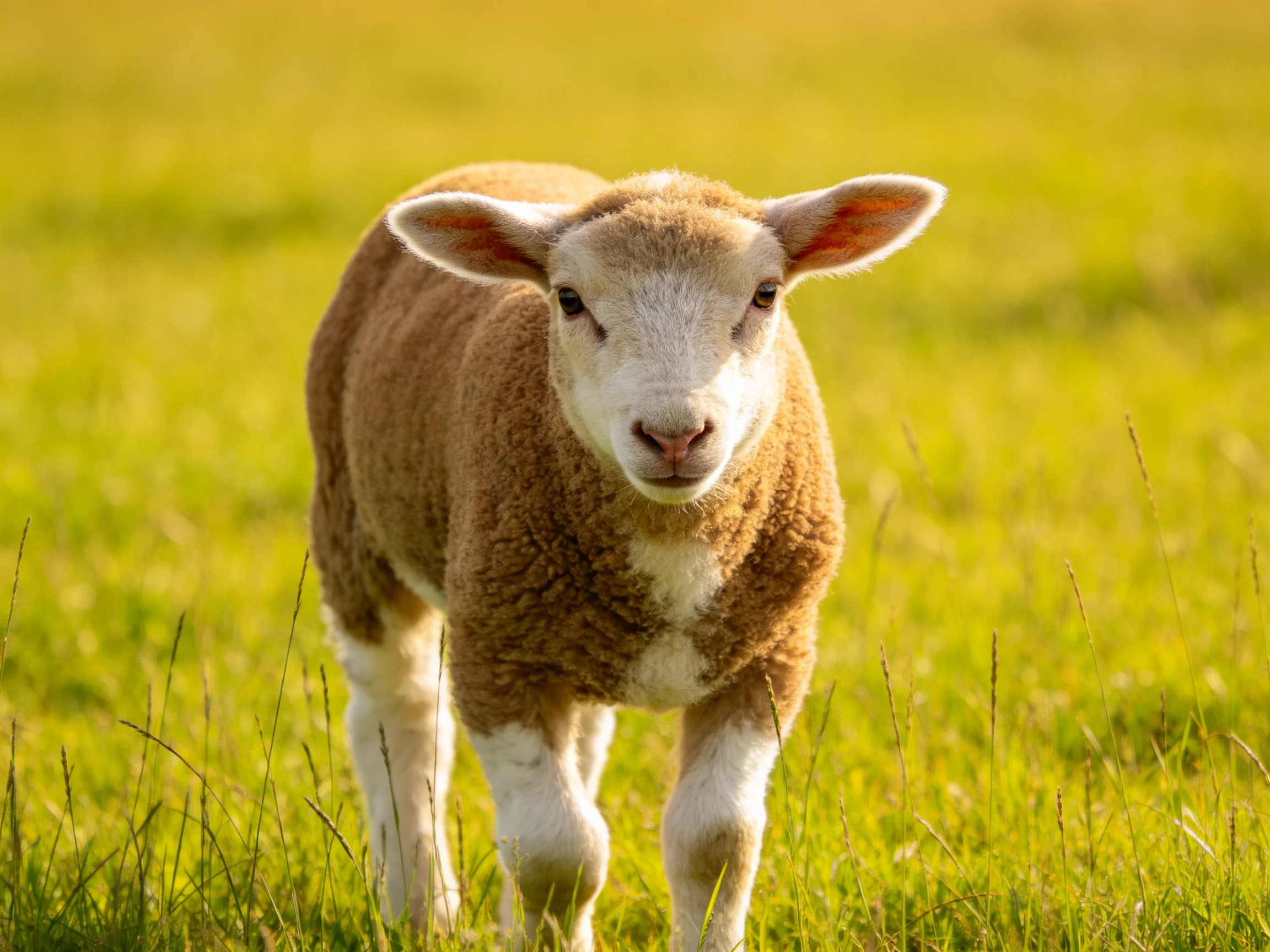 A young brown lamb stands in a sunlit green meadow.