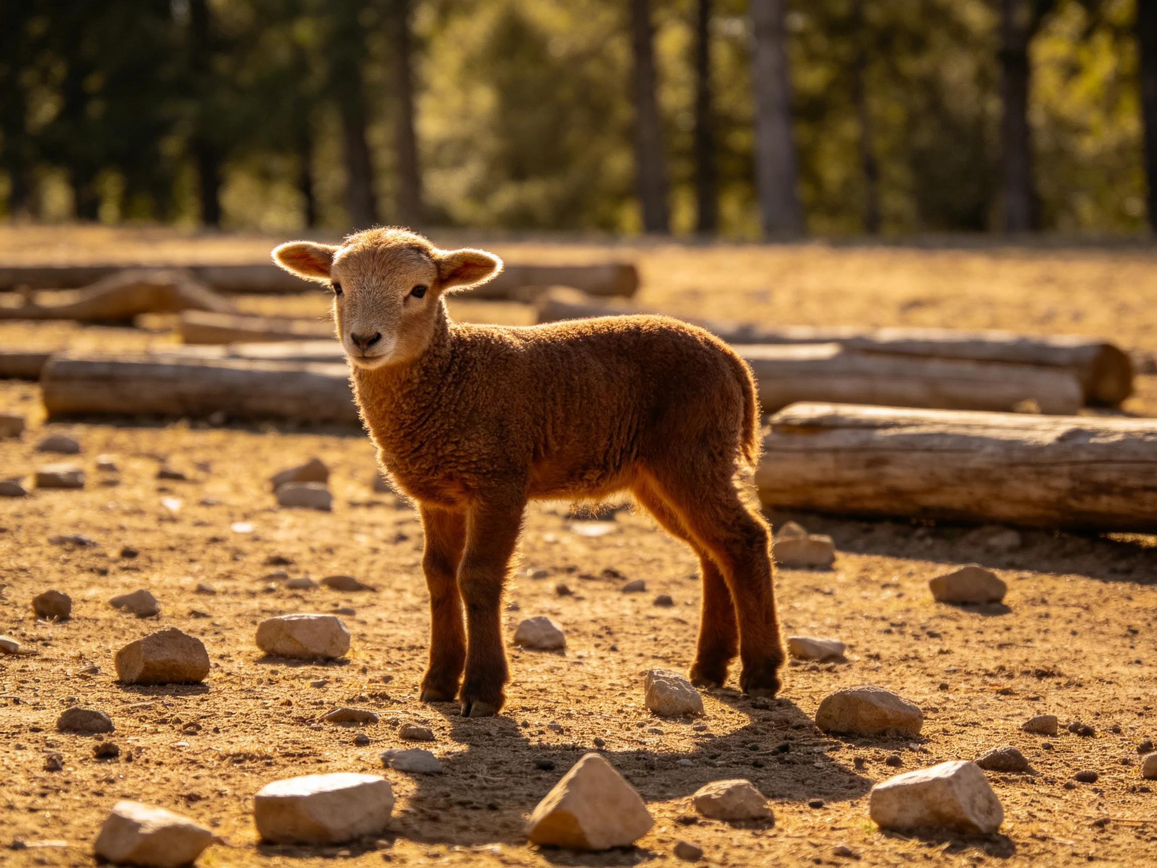 A young brown lamb stands amid rocks and logs in a sunlit outdoor setting.