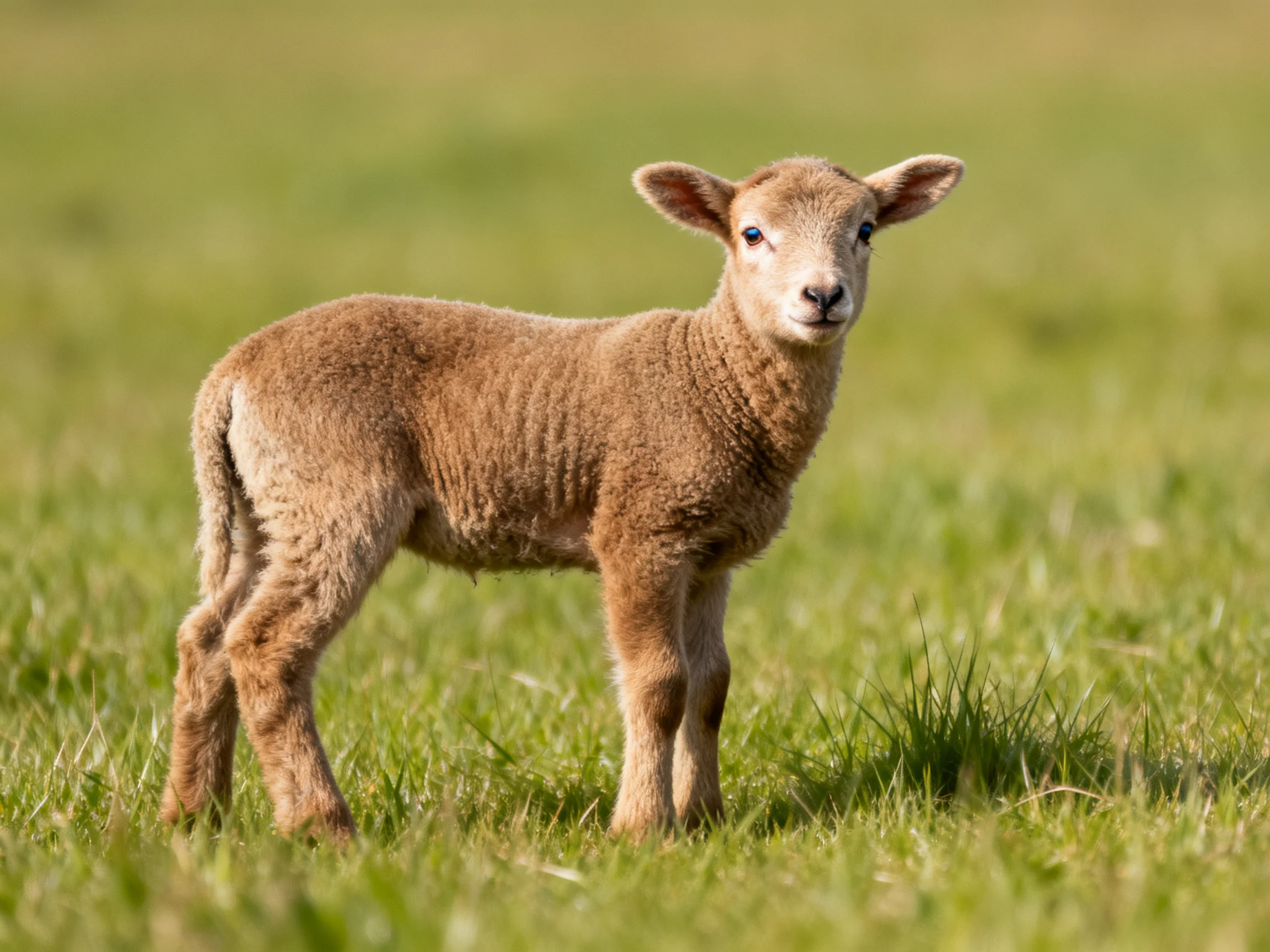 A young brown lamb stands in a lush green meadow