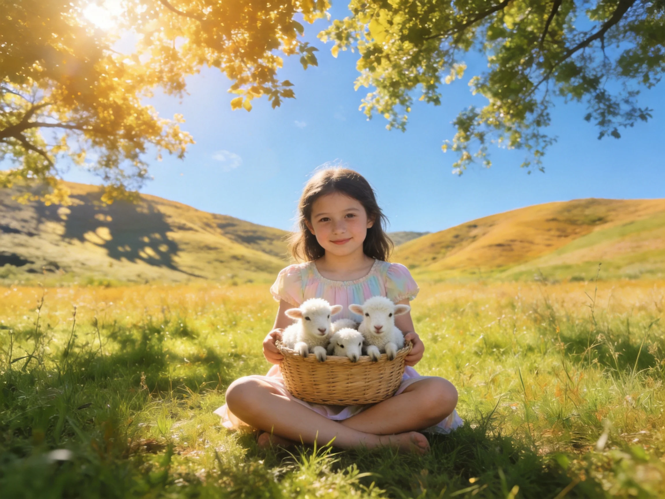 A young girl holds a wicker basket with lambs in a sunny meadow