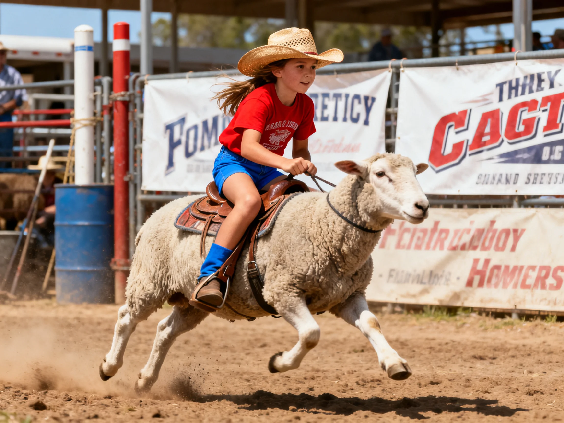 A young girl in a cowboy hat rides a sheep in a rodeo arena