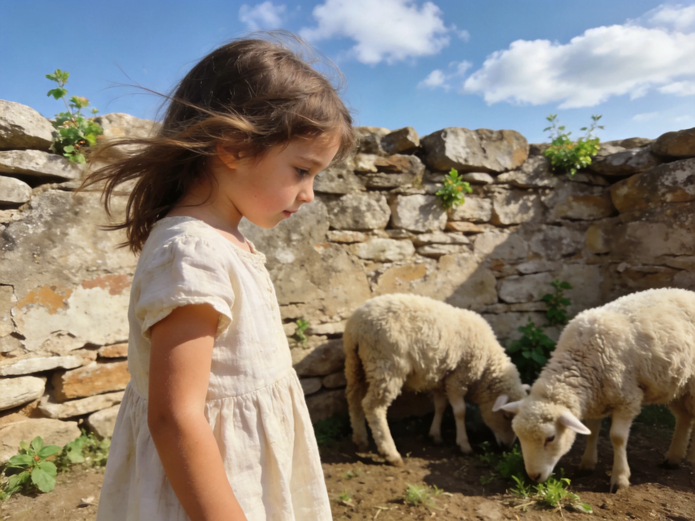 A young girl in a white dress near two sheep by an old stone wall
