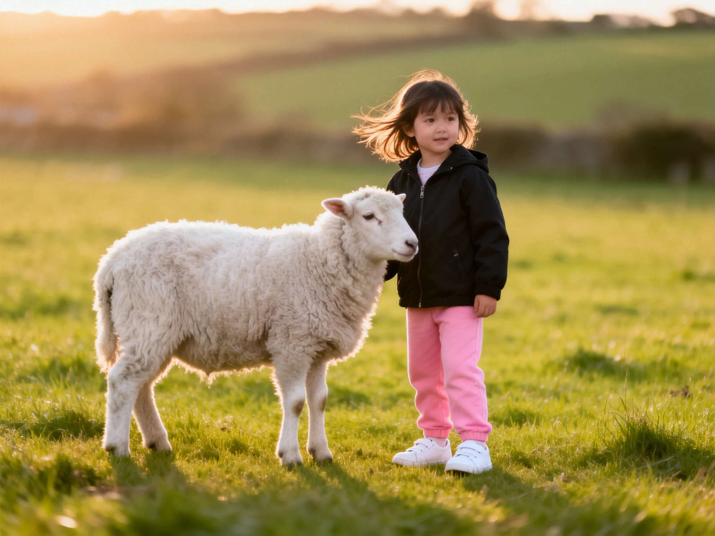 A young girl in pink pants stands beside a white lamb in a sunlit green meadow