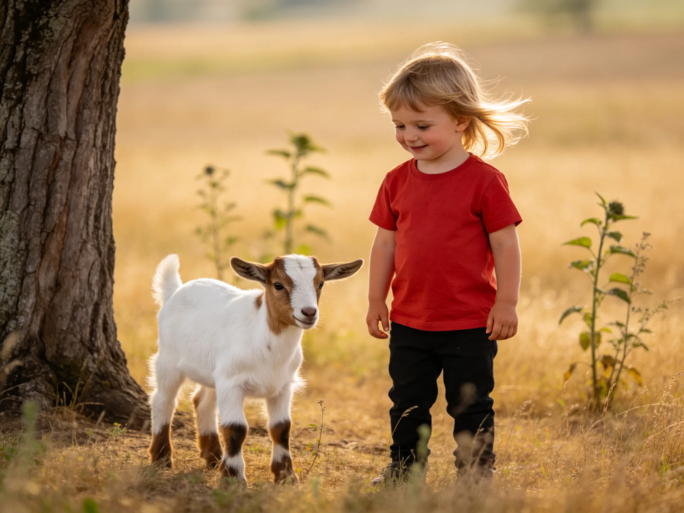 A young girl in red stands beside a white-brown goat near a large tree