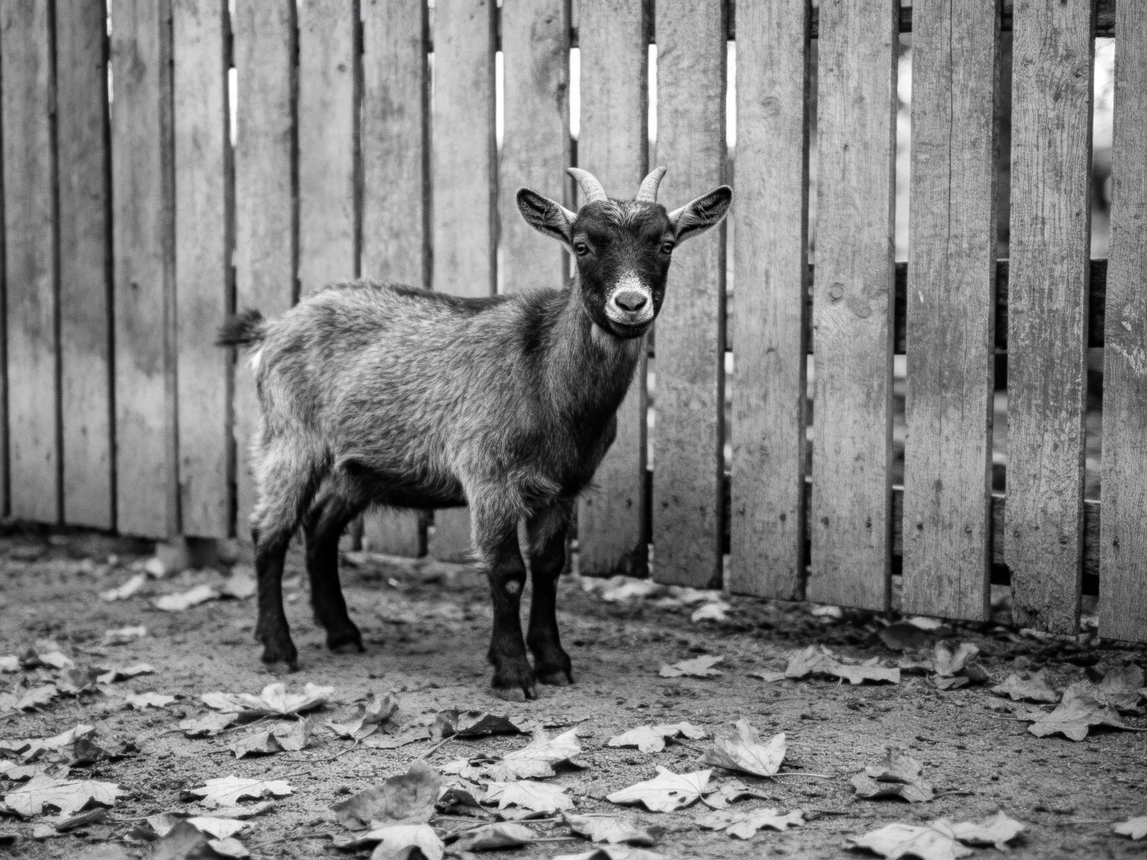 A young goat stands beside a weathered wooden fence