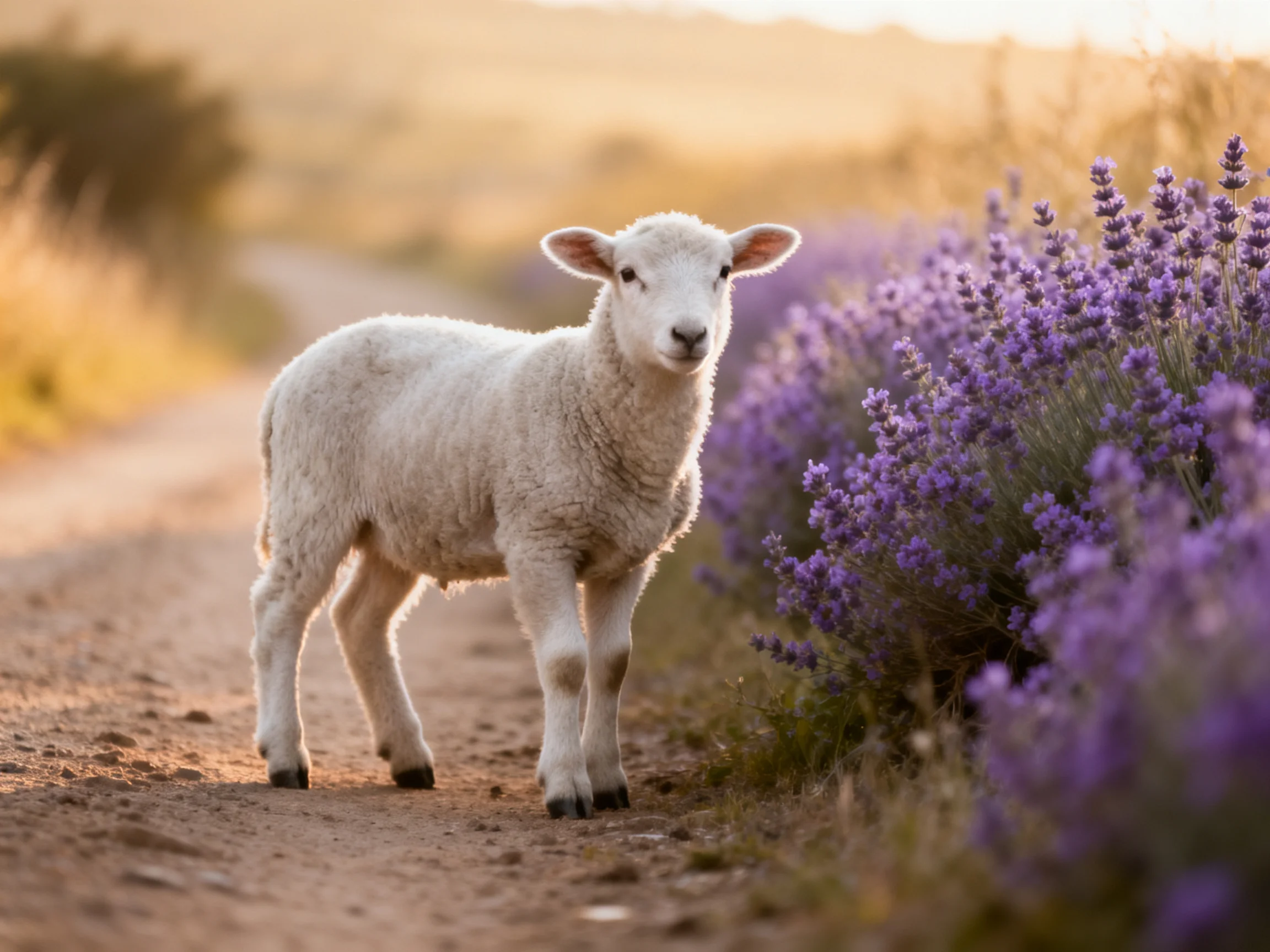 A small white lamb stands beside blooming lavender on a sun-drenched dirt road.