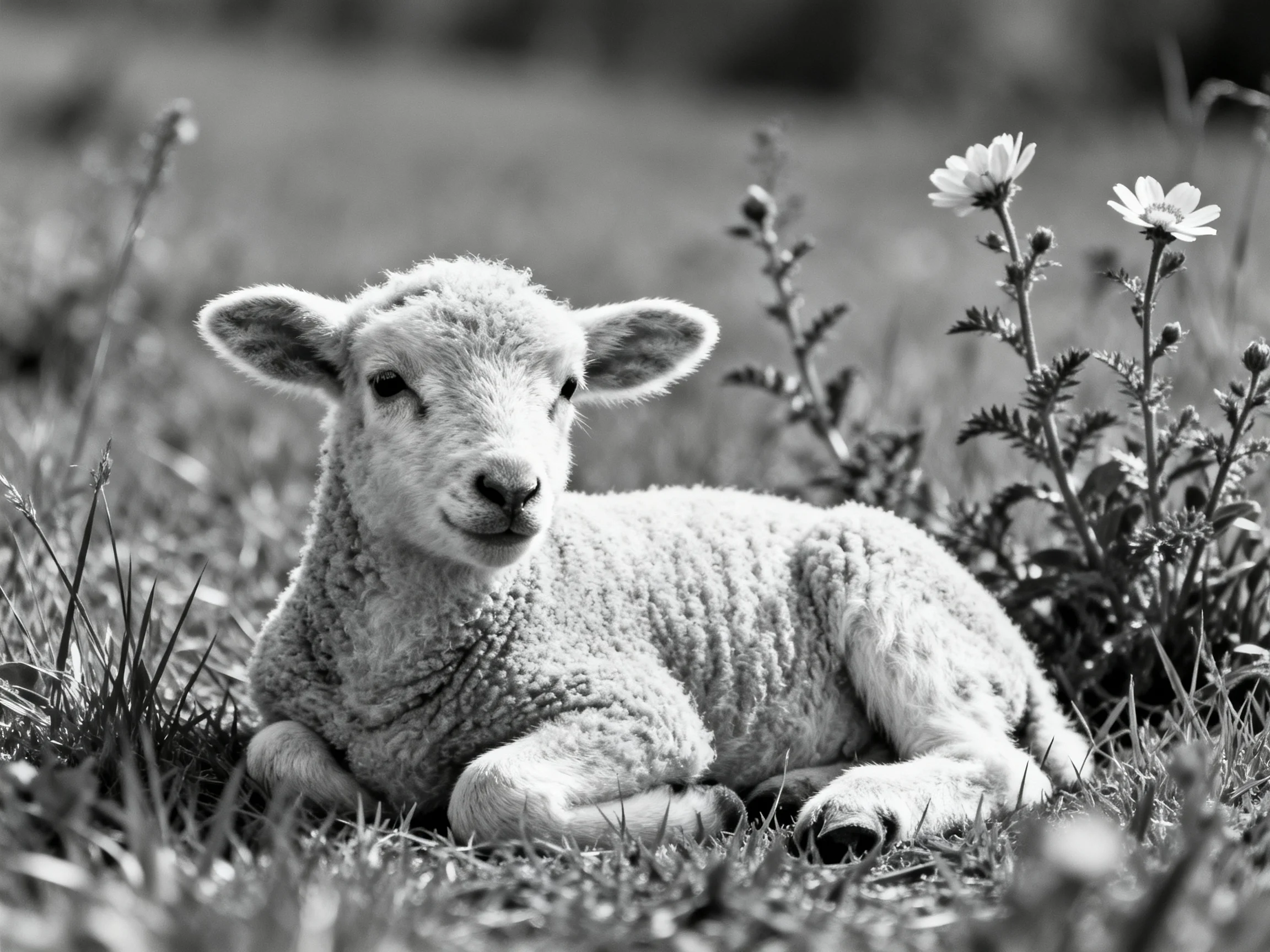 A young lamb resting in a grassy field with wildflowers