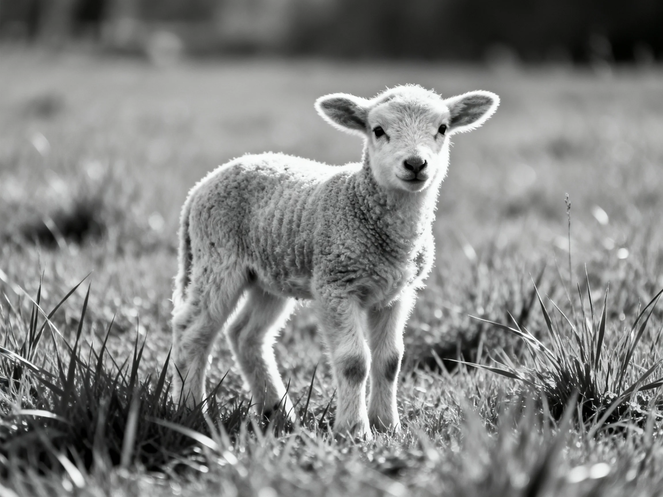 A young lamb stands alone in a sunlit grassy field