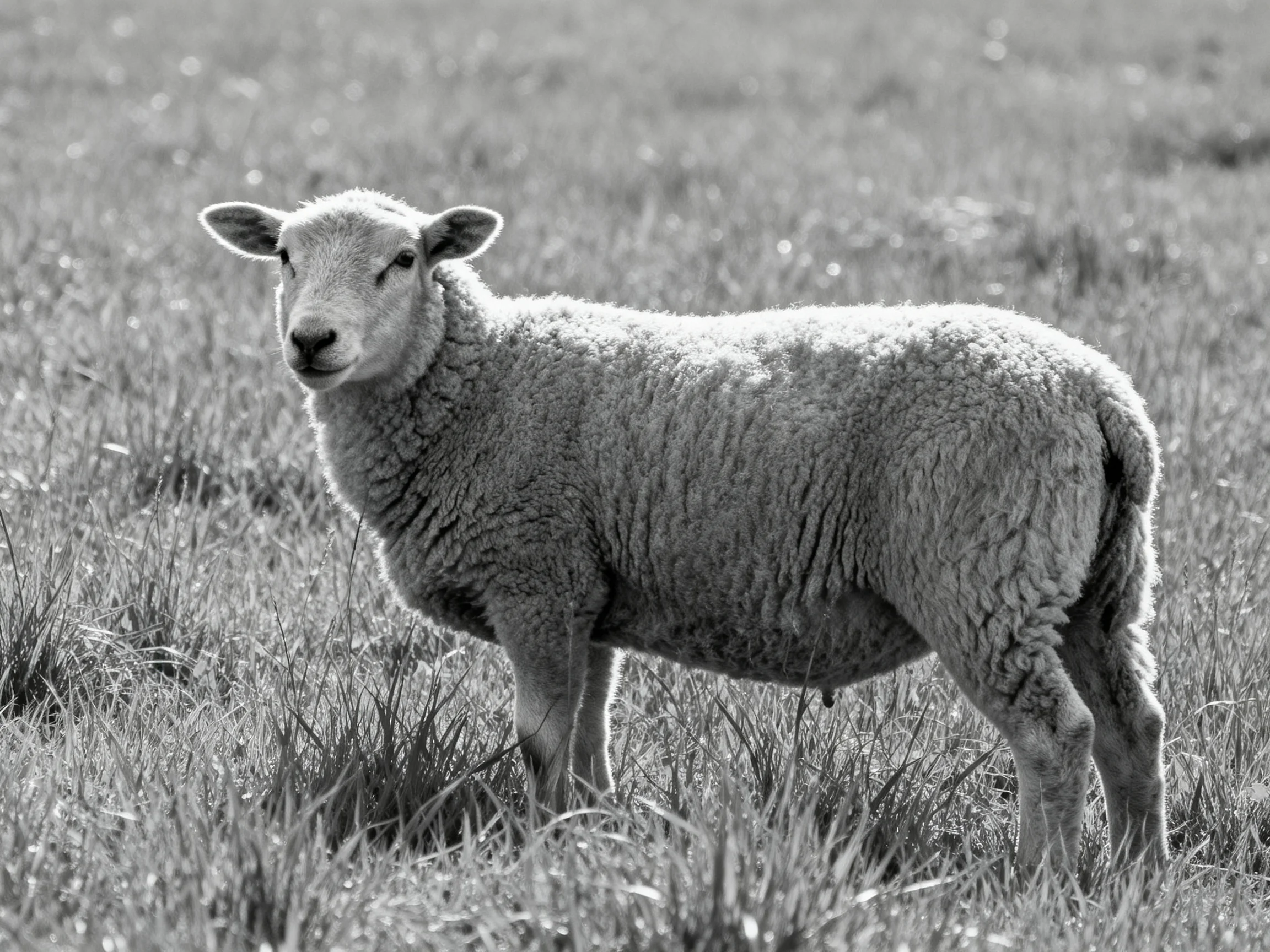 A young lamb stands in a grassy field