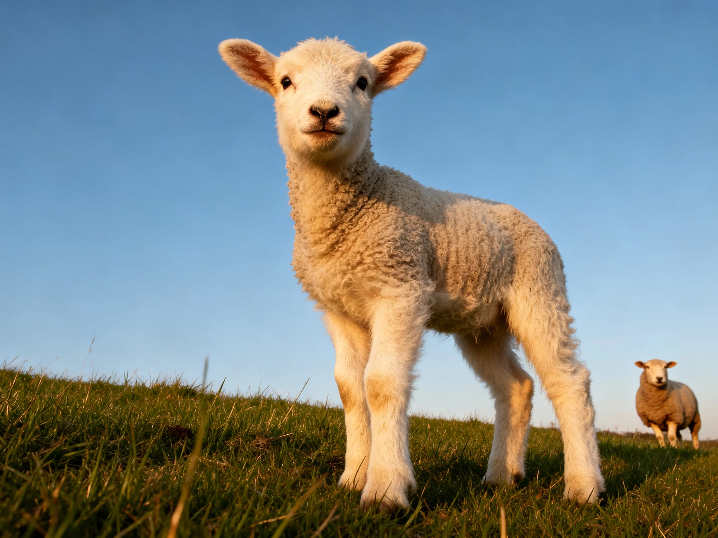 A young lamb stands on grass with an older sheep in the distance under clear blue sky